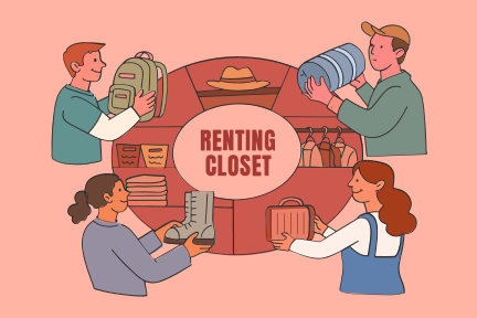 Persone che tengono vari oggetti attorno a un messaggio centrale "armadietto in affitto".