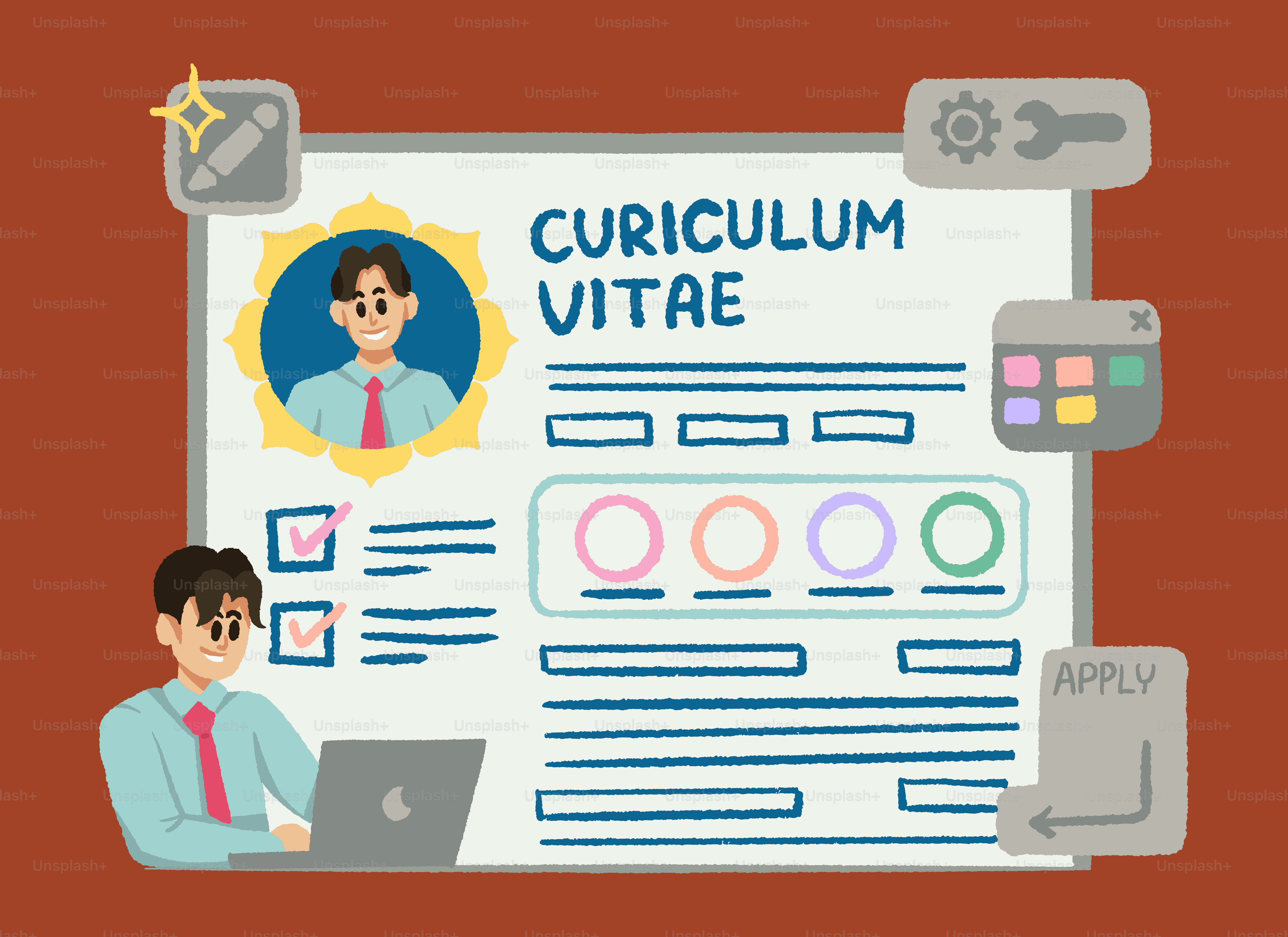 Mann arbeitet an einem Lebenslauf mit Anwendungsknopf.