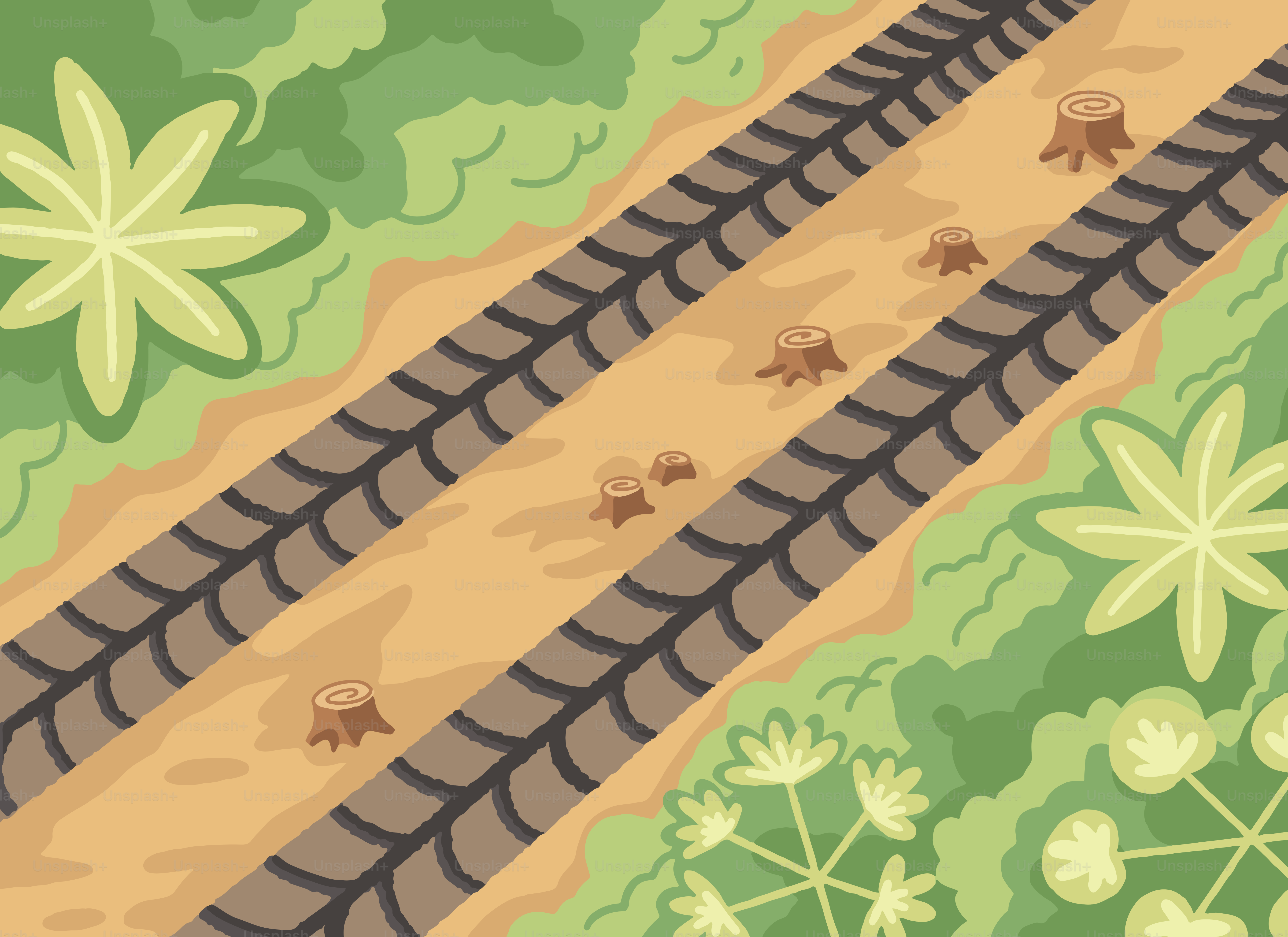 Two tire tracks through a forest with tree stumps.