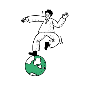 Uomo che si bilancia precariamente su un piccolo globo