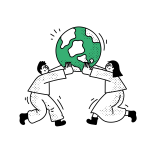 Due persone che sollevano un'illustrazione di una Terra verde
