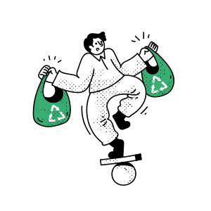 Uomo che si bilancia con sacchi di riciclo su una trave stretta.