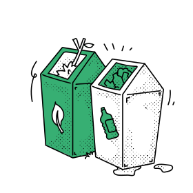 Due bidoni per il riciclaggio, uno verde e uno bianco.