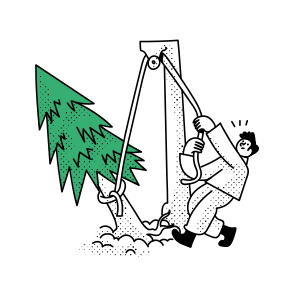 Uomo che lotta per abbattere un albero con una corda.