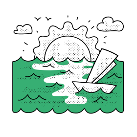 Sailboat on a wavy sea with a sun and clouds.