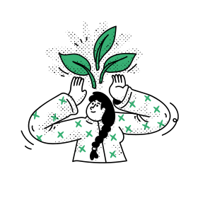 Persona con pianta in crescita sopra la testa