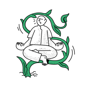Person meditating surrounded by green vines