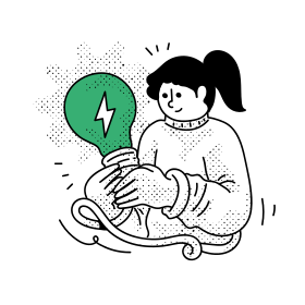 稲妻の模様がついた緑色に光る電球を持つ女性。