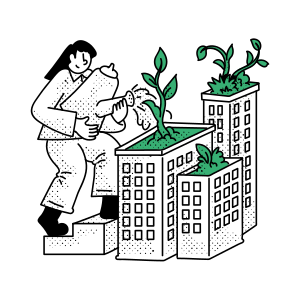 Donna che annaffia le piante che crescono sugli edifici