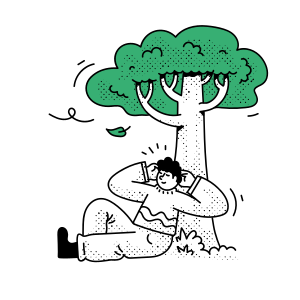 Persona che si rilassa sotto un albero con le mani sulle orecchie