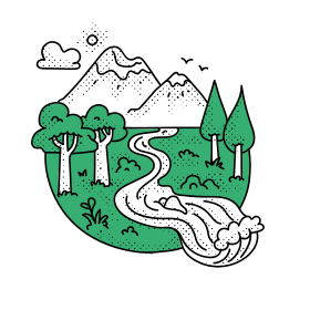 A stylized river flows through a green landscape with mountains.