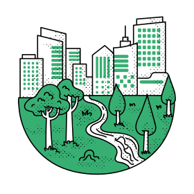 Green city skyline with trees and river