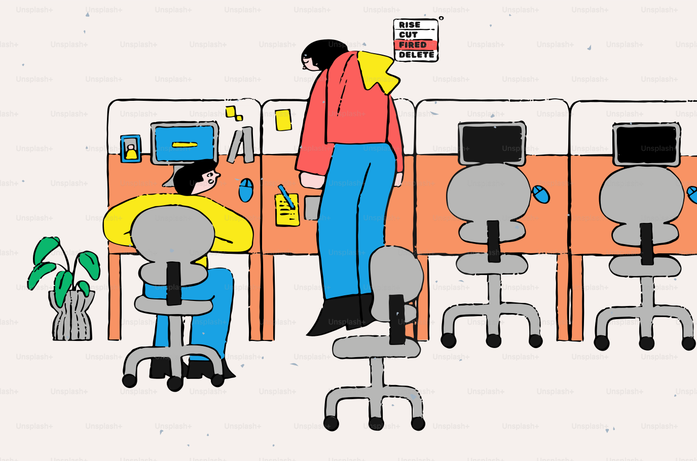 Two people working in a modern office cubicle setting.