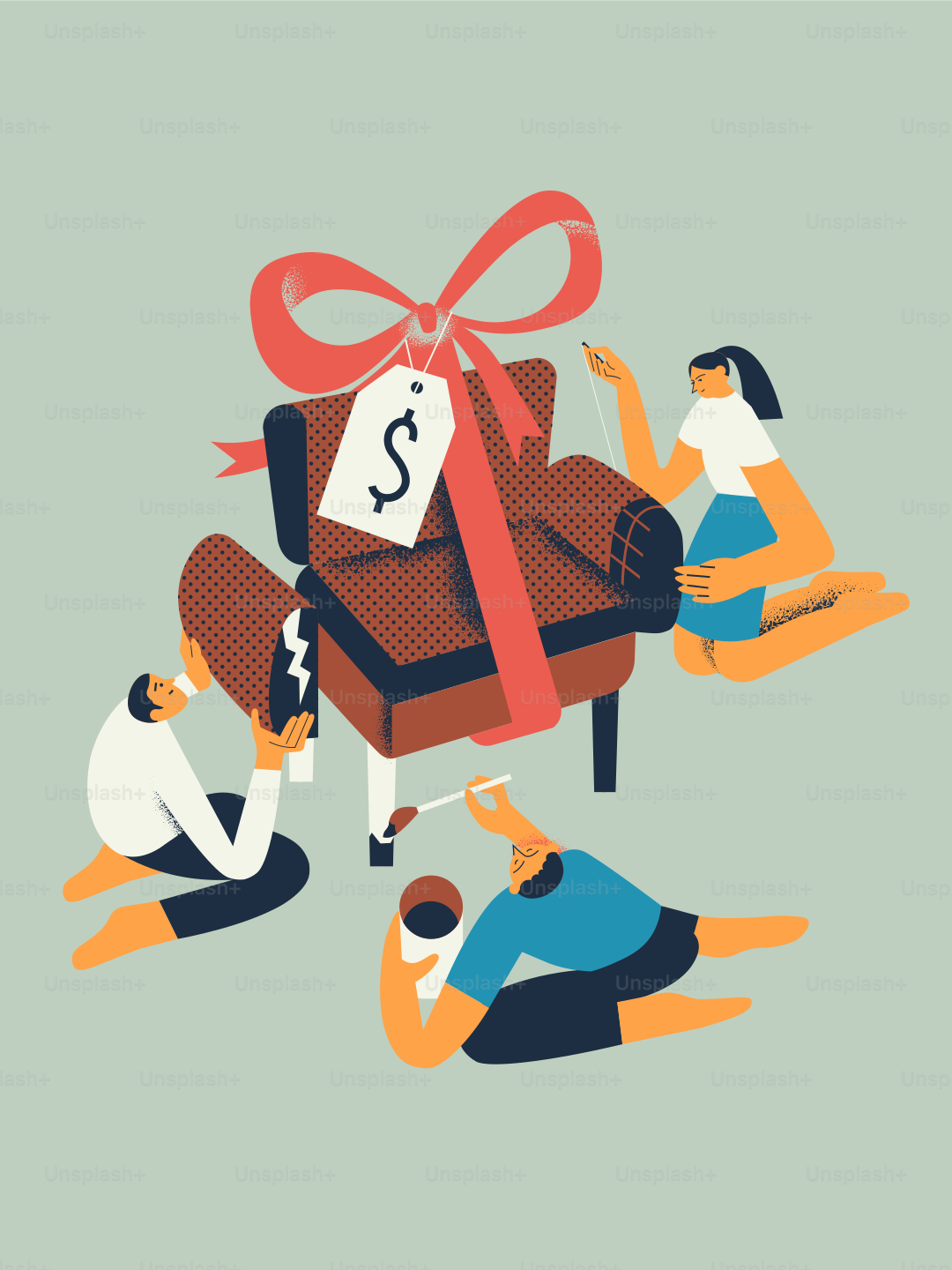 People assembling a chair with a price tag