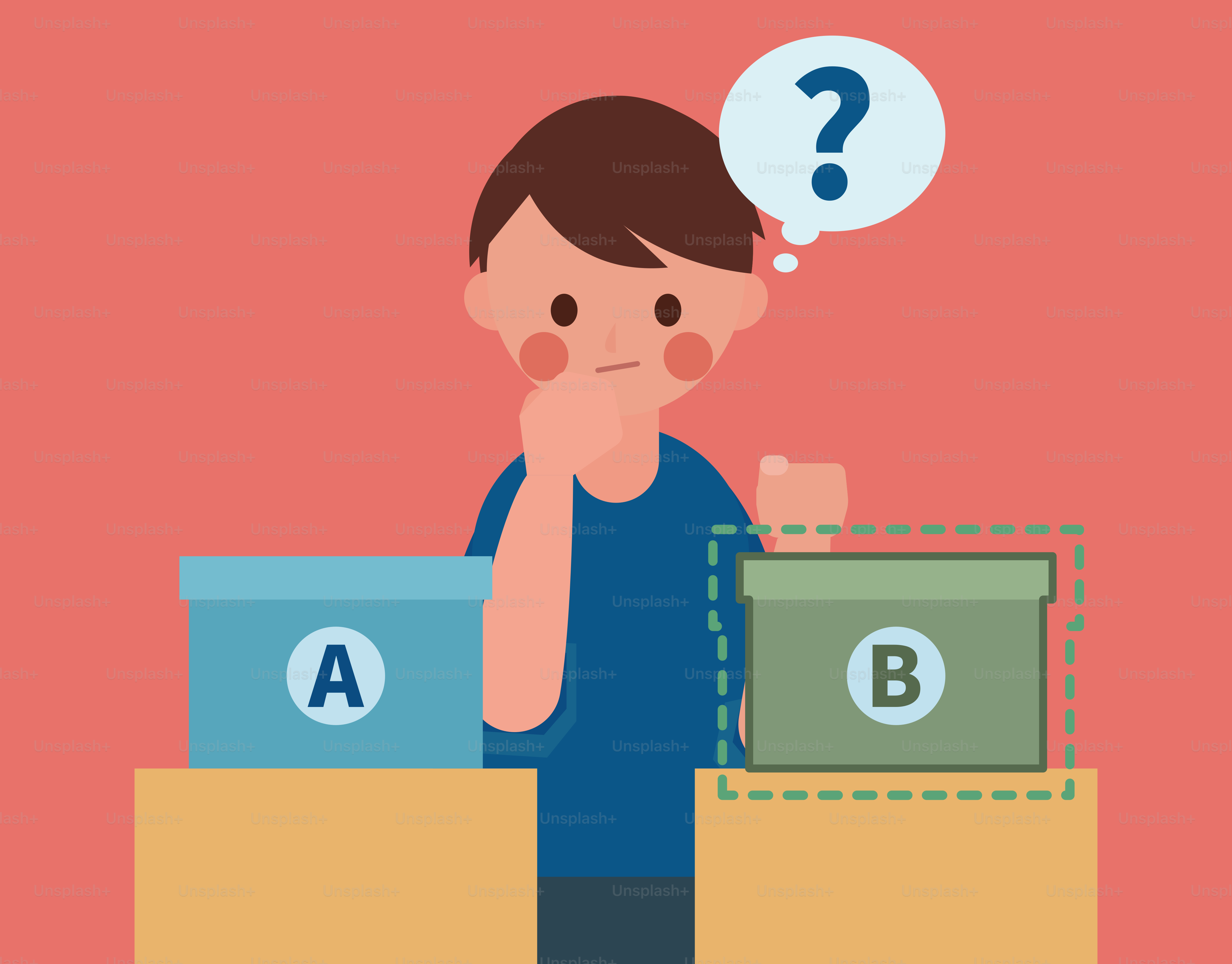 Une personne qui réfléchit entre deux cases étiquetées a et b.