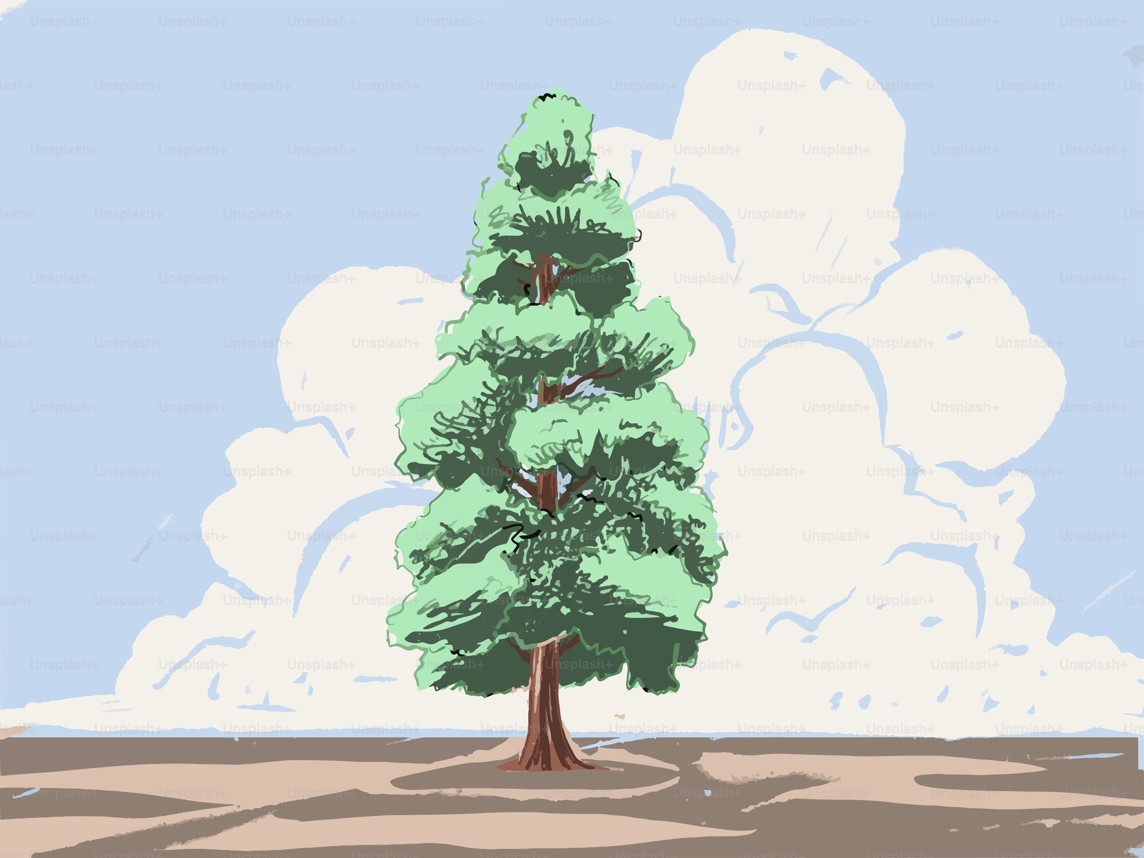 A tall evergreen tree stands against a cloudy sky.