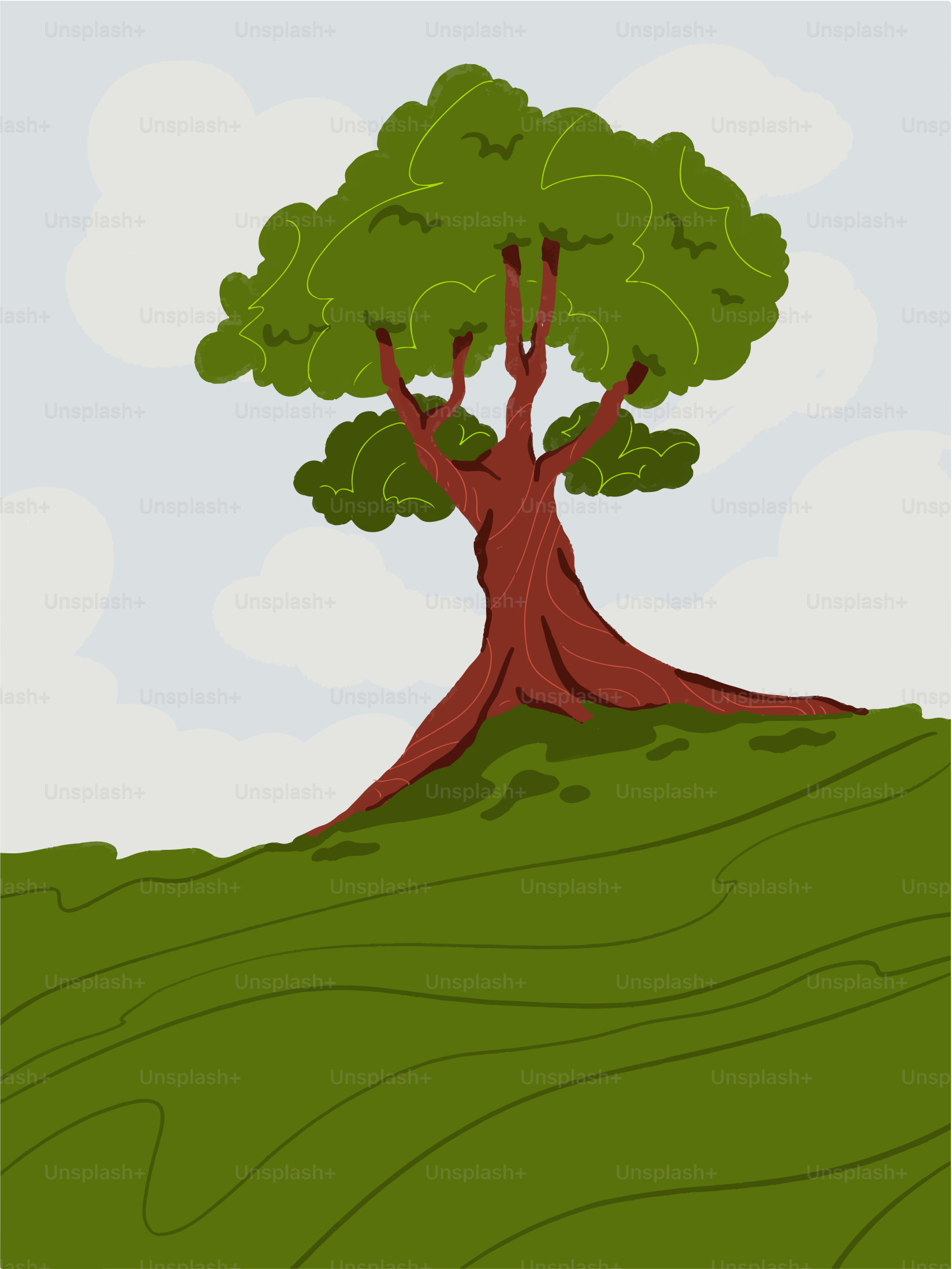 大きな木が草の茂った丘の上に立っている。