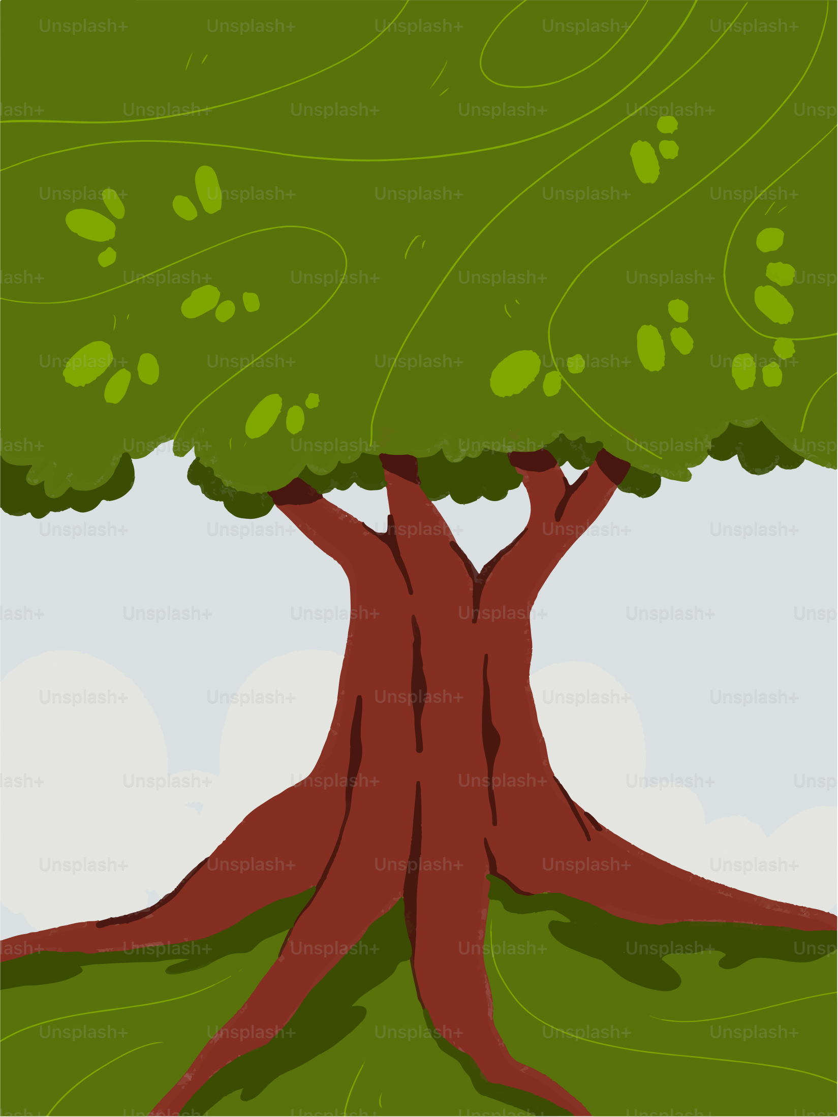 굵은 줄기와 초록 잎을 가진 큰 나무