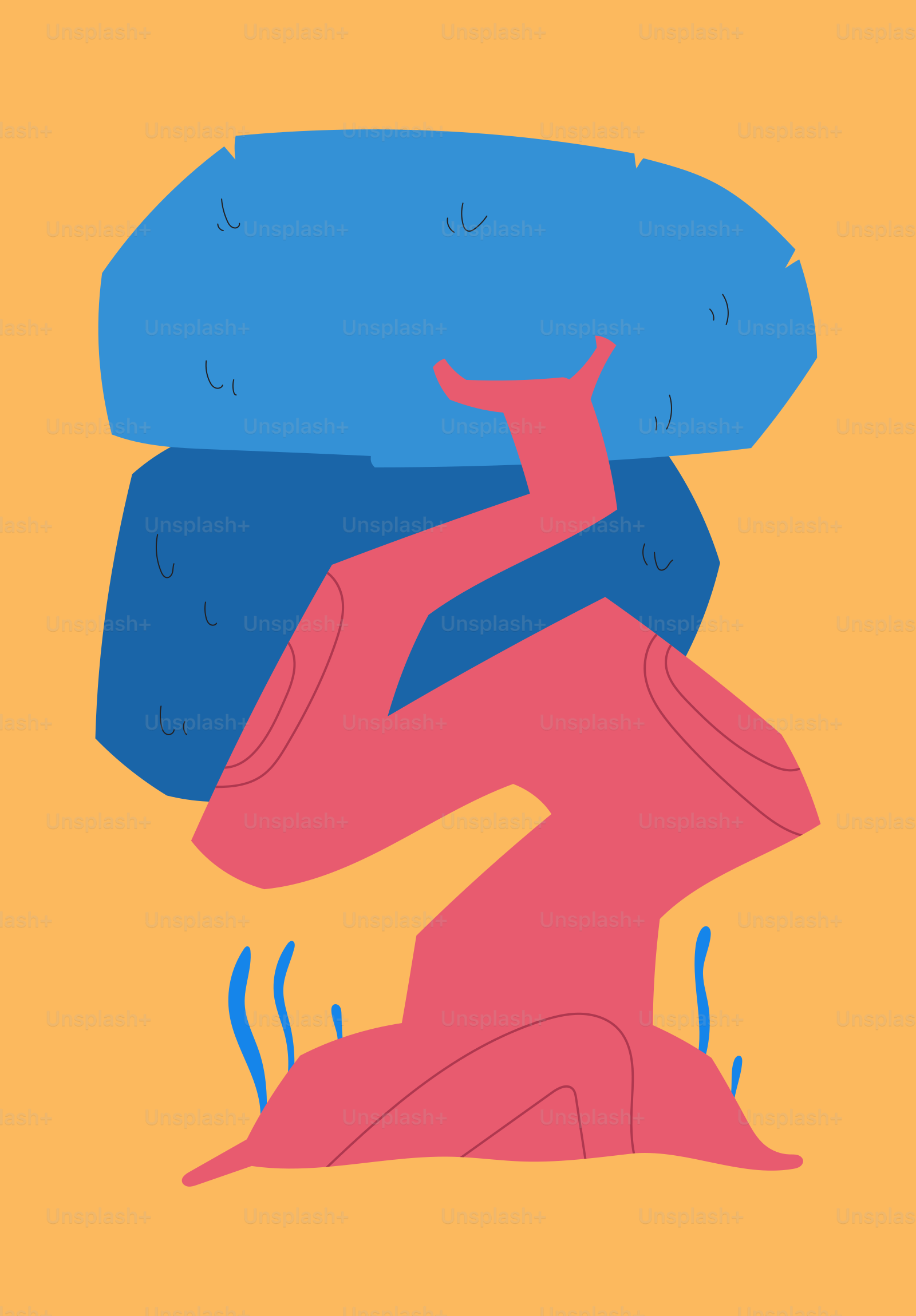 Formas abstratas rosa e azul sobre fundo laranja