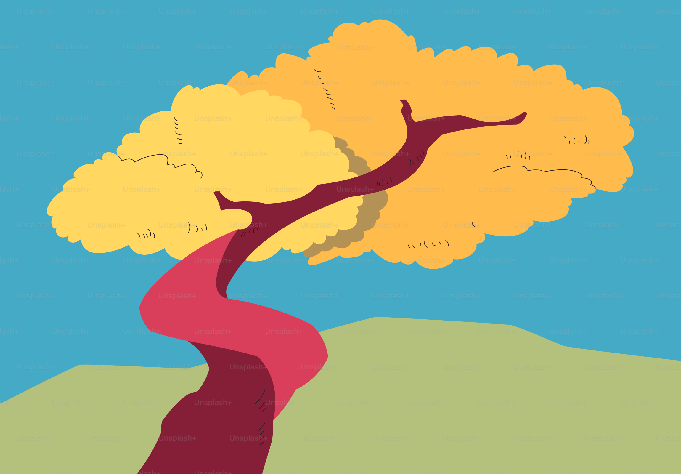 Uma árvore estilizada com folhas amarelas contra o céu azul