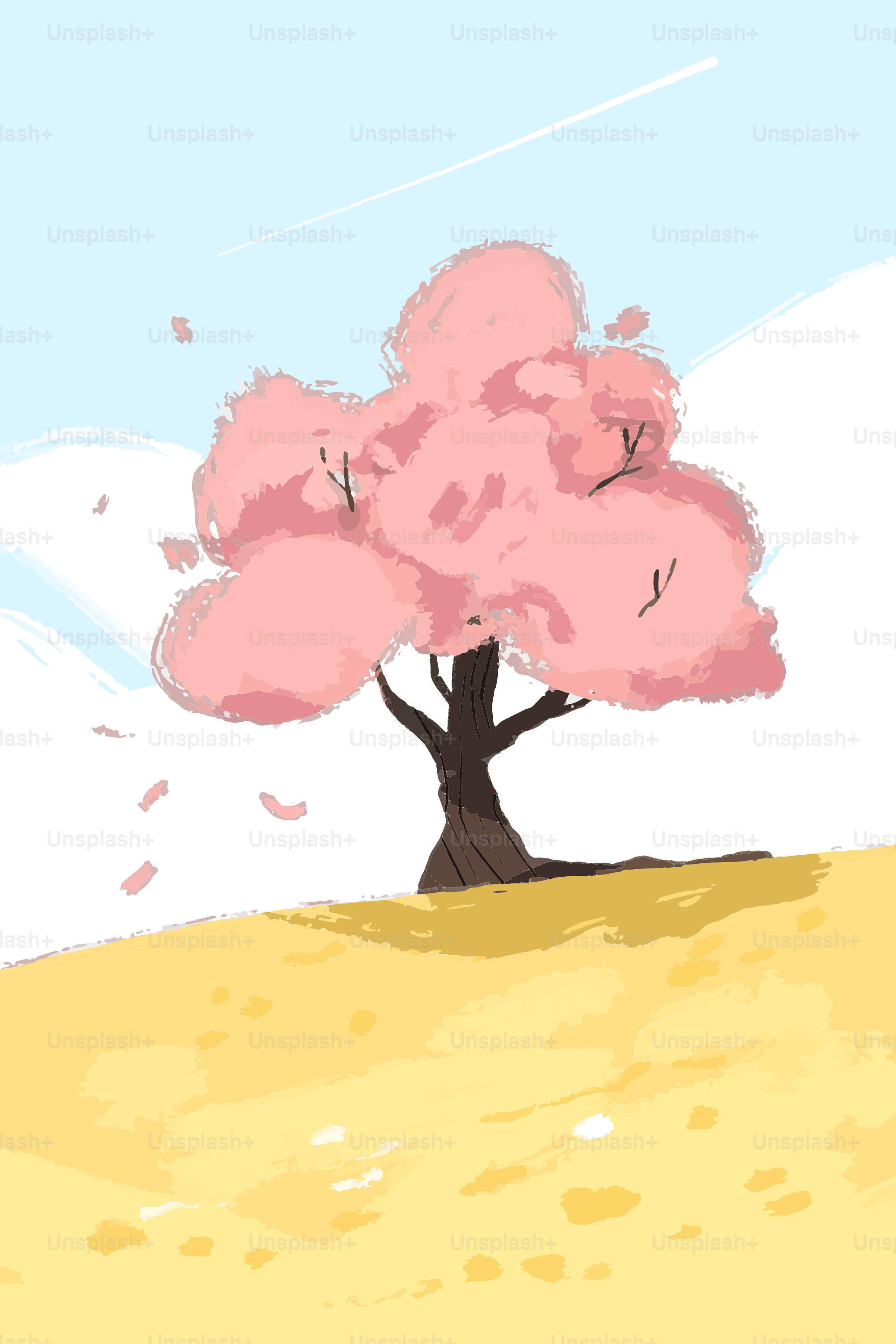 A blooming cherry blossom tree on a grassy hill.
