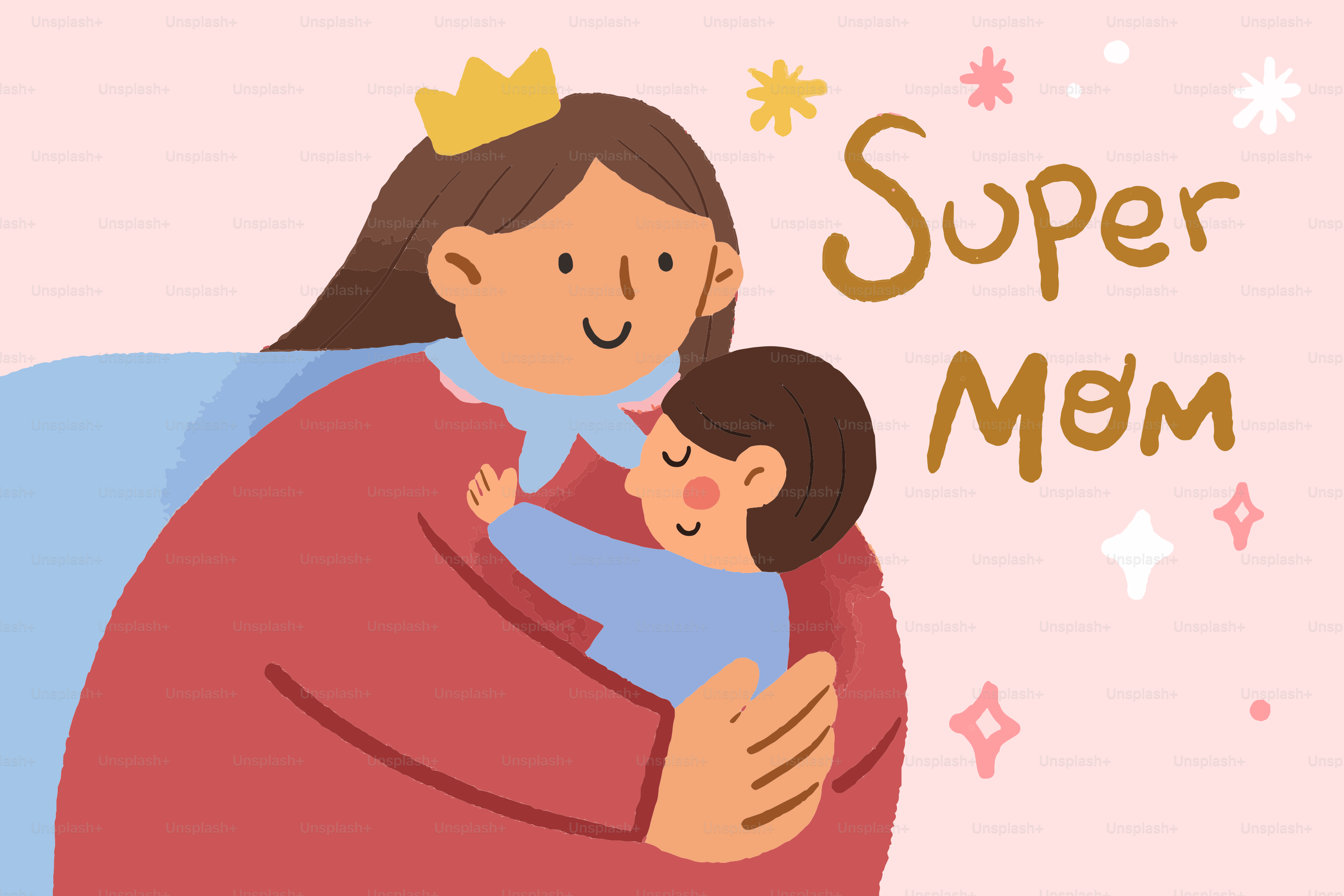 Mamãe usando uma coroa abraça o filho