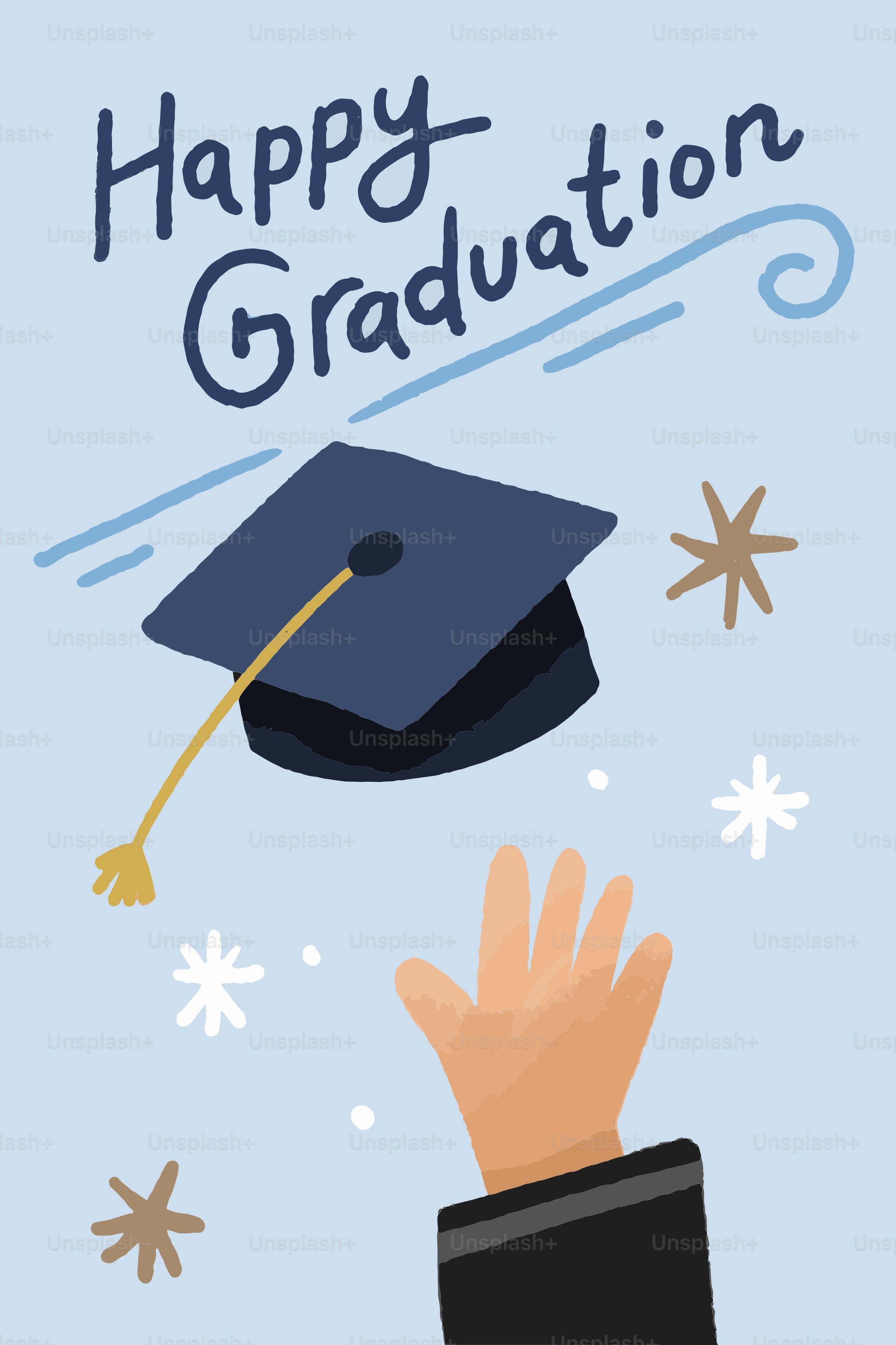 Graduation cap tossed in the air with stars