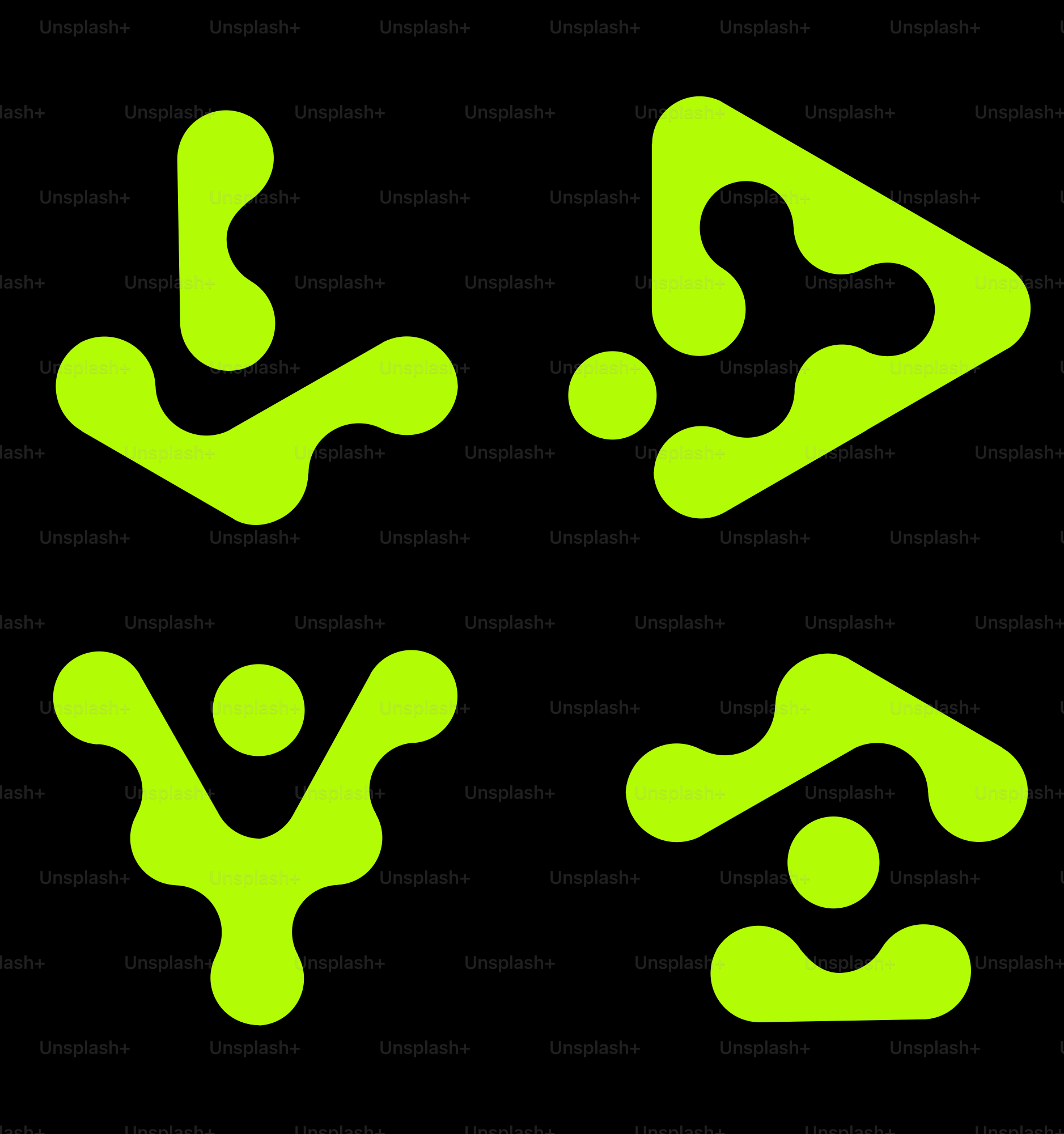 Quatre formes abstraites vert néon sur fond noir