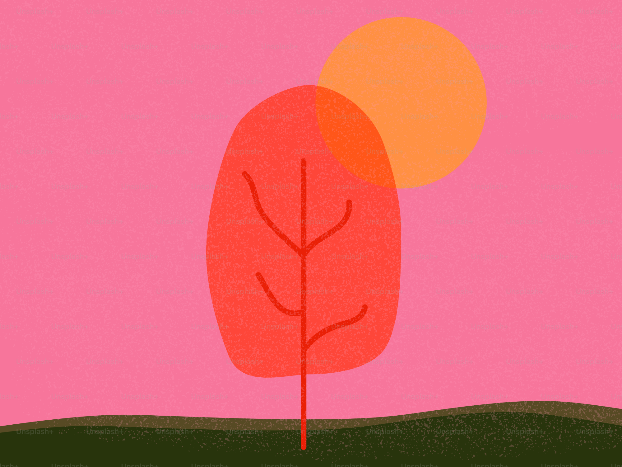 Stylized tree with sun on pink background