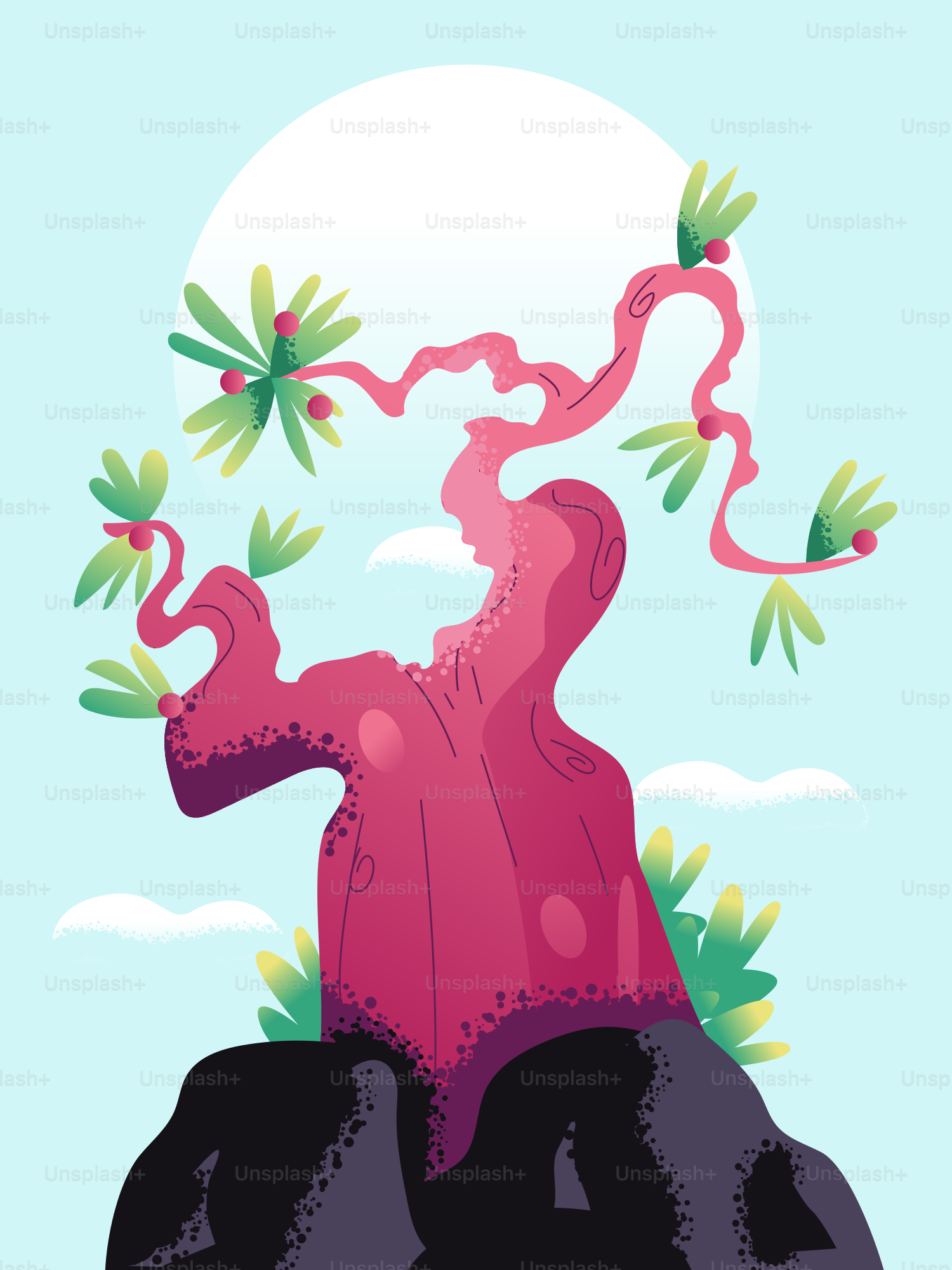 Uma árvore rosa estilizada sobre uma rocha escura.