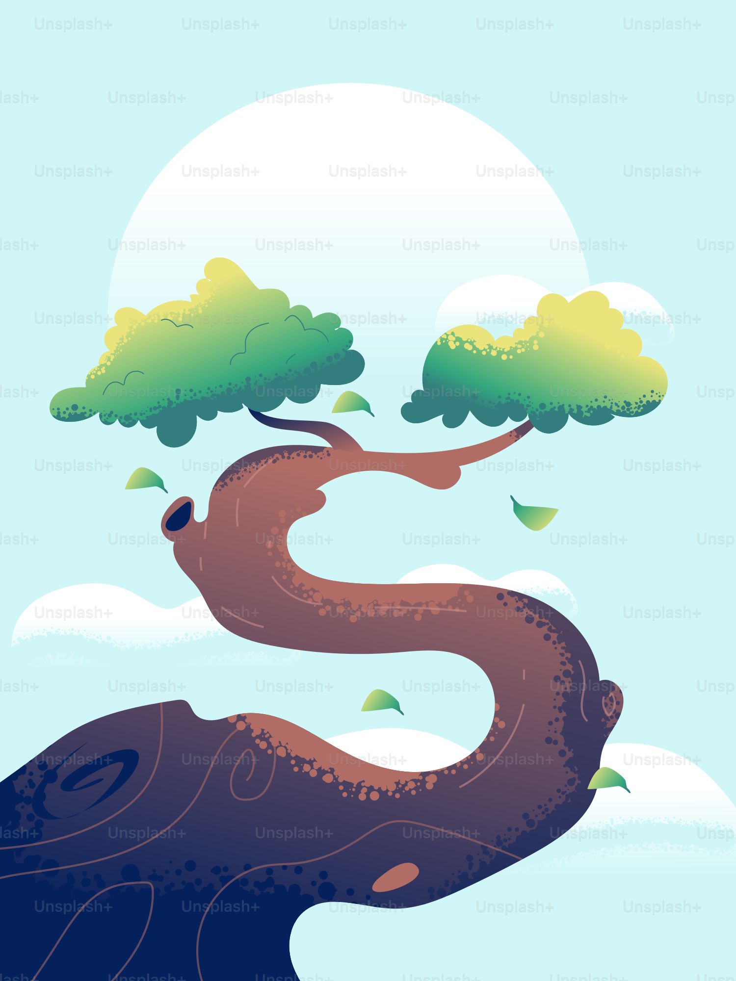 Árvore estilizada com folhas verdes contra um céu claro.