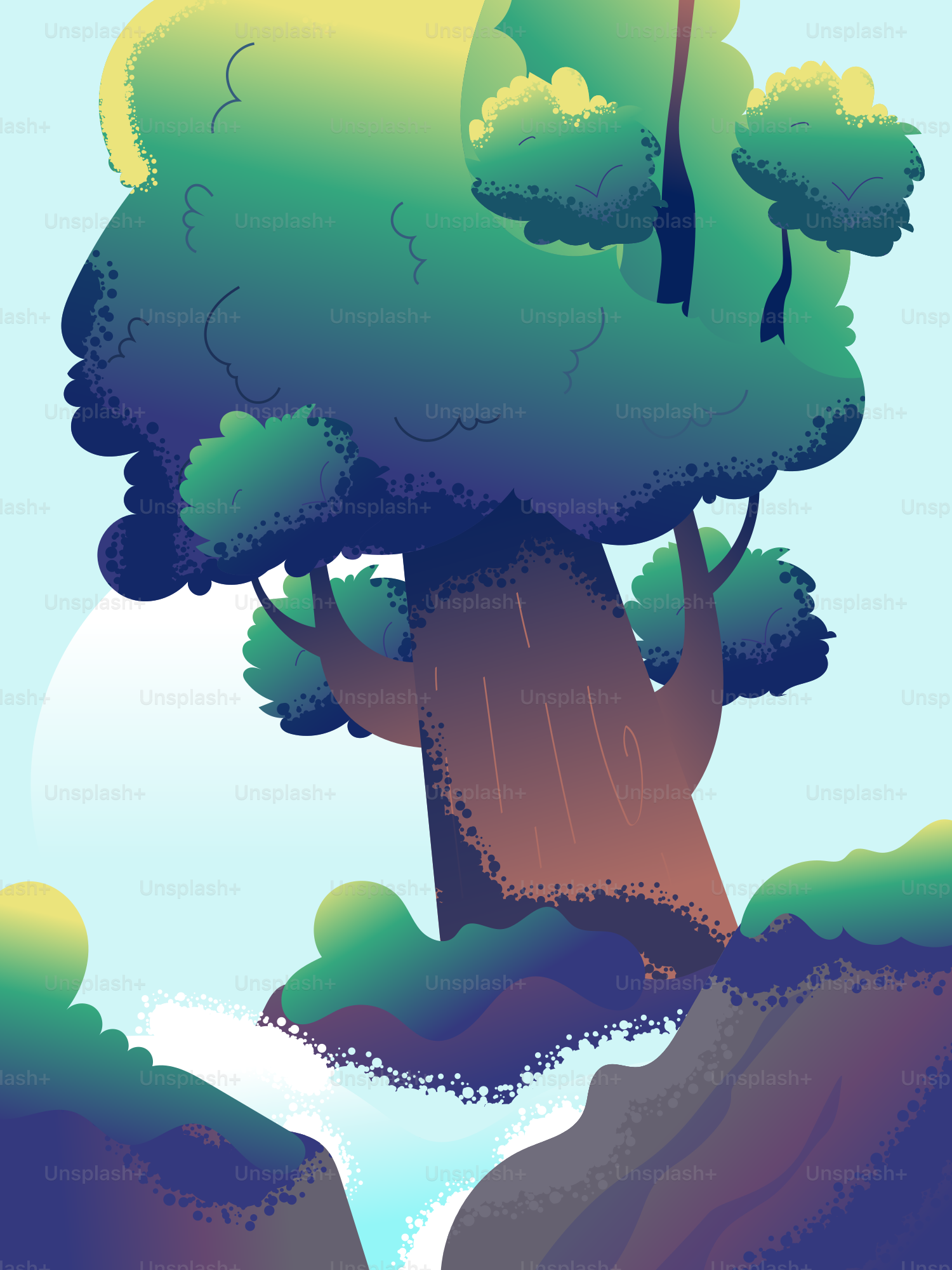 Un grande albero dal fogliame verde rigoglioso domina una cascata.