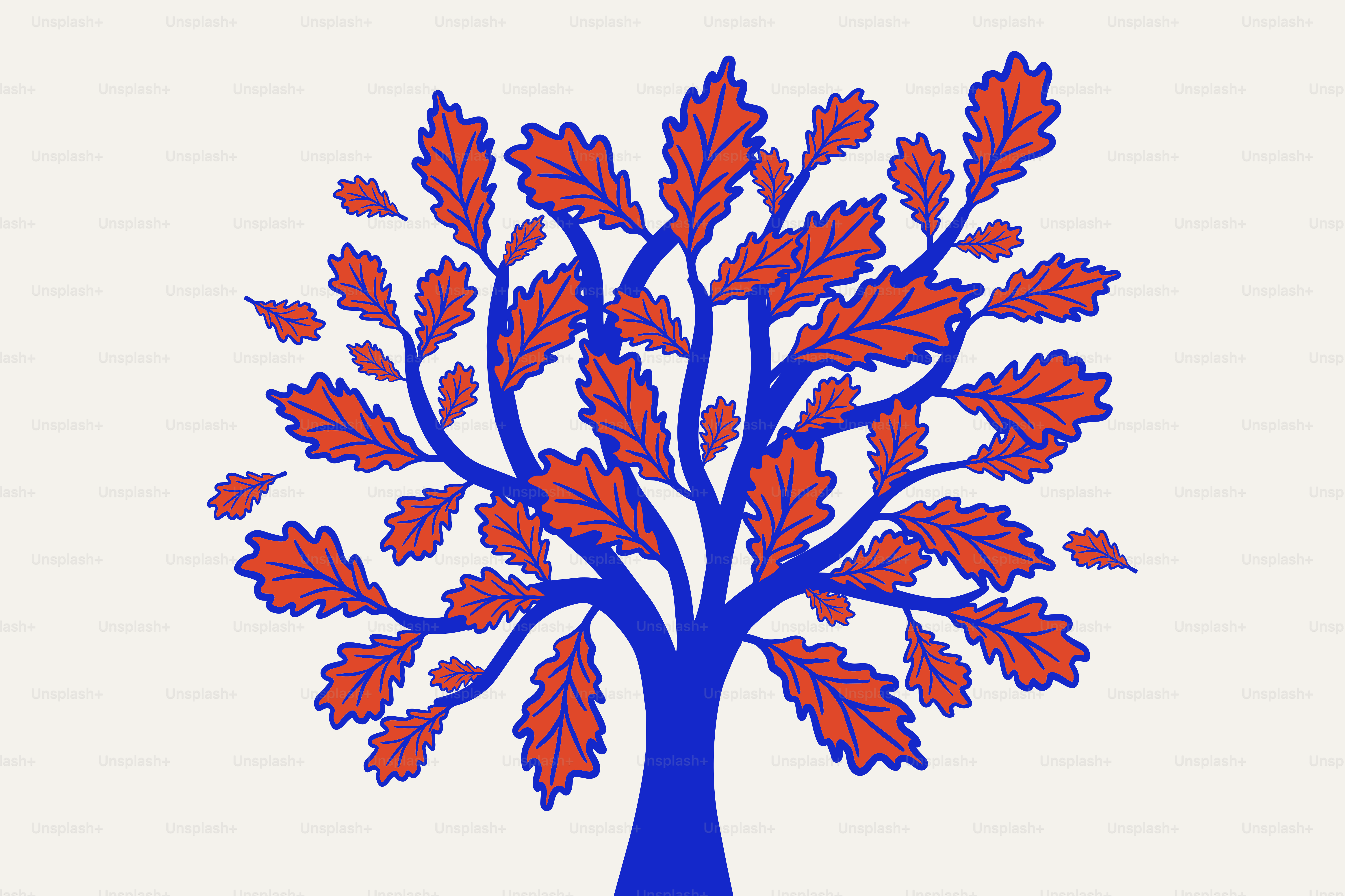 Ein stilisierter Baum mit blauem Stamm und roten Blättern