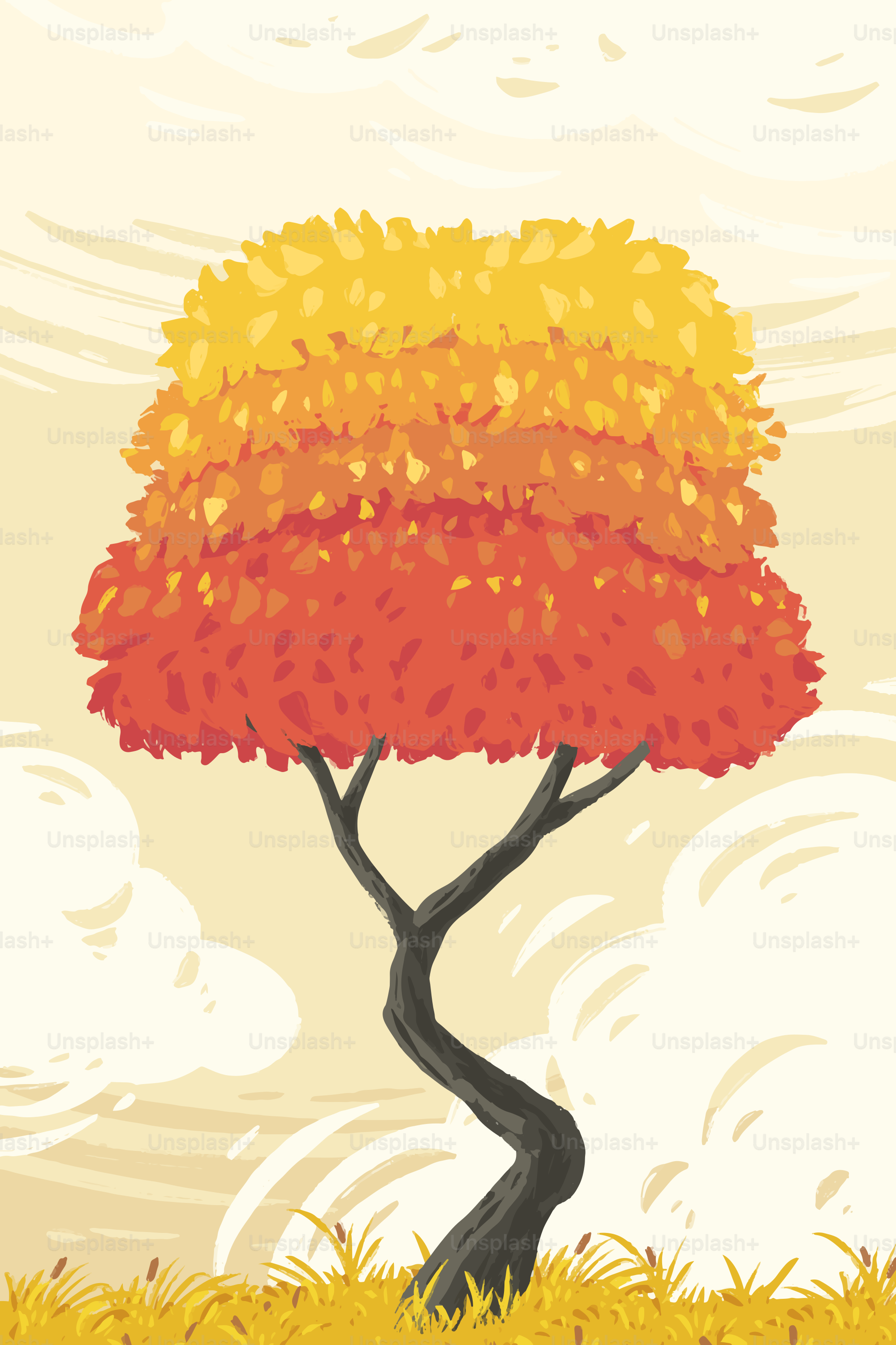 Stylized tree with colorful autumn leaves and cloudy sky.