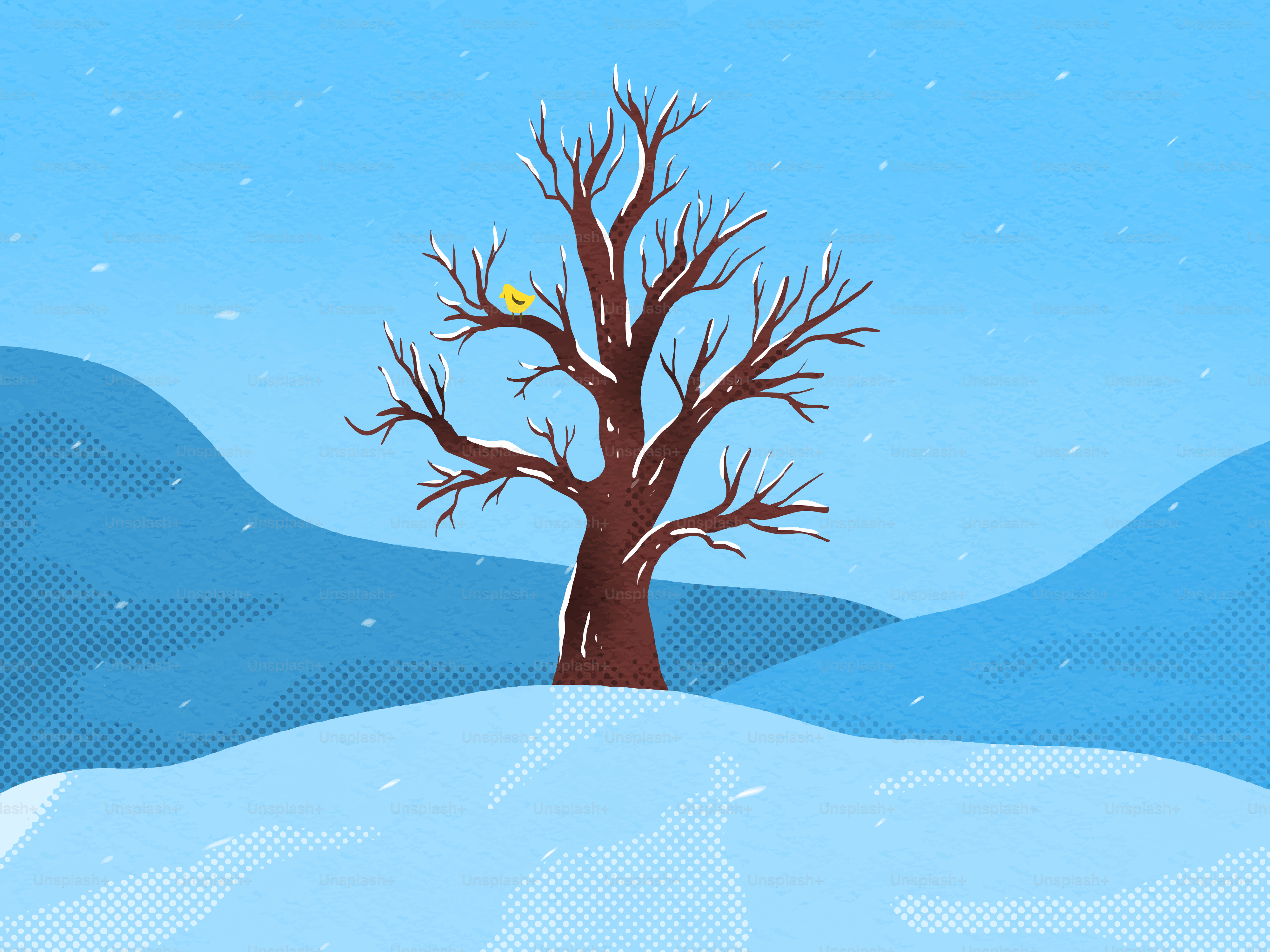 雪に覆われた風景の中に一本の木が立っている。