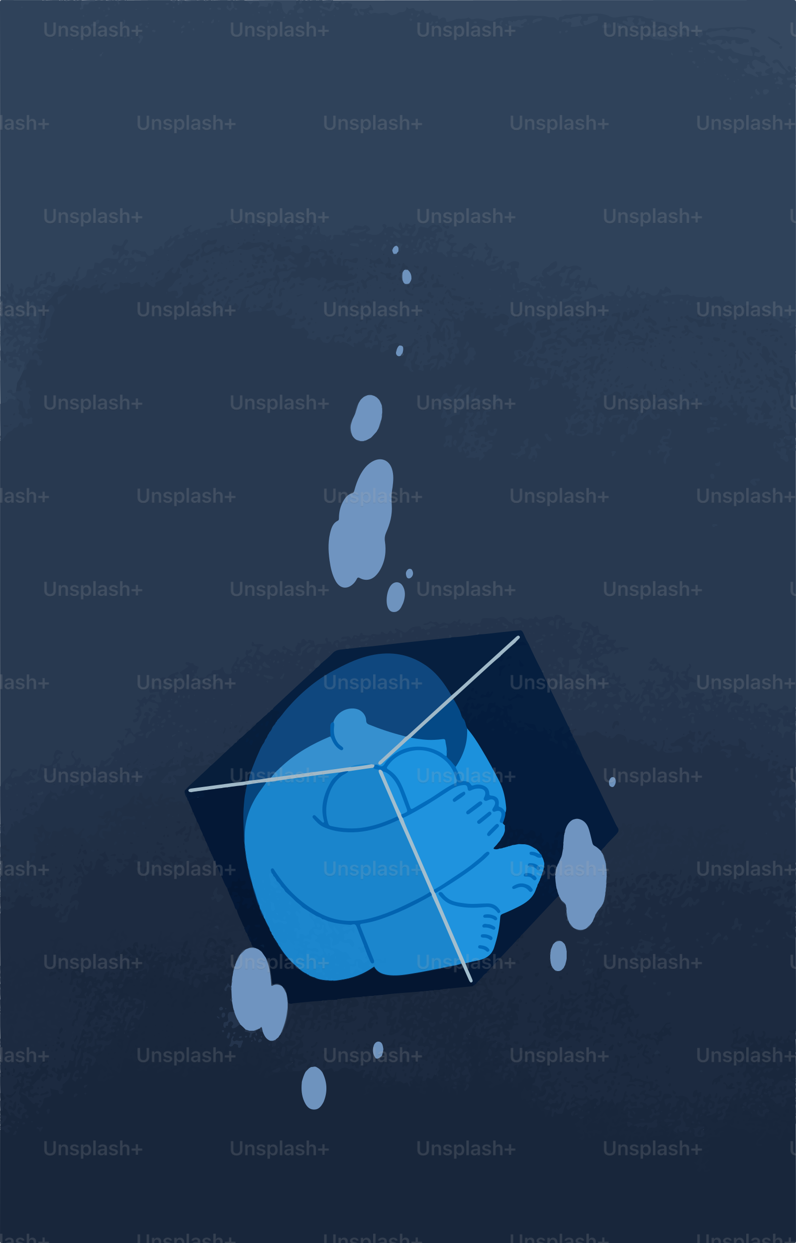 Blue figure curled up inside a geometric shape