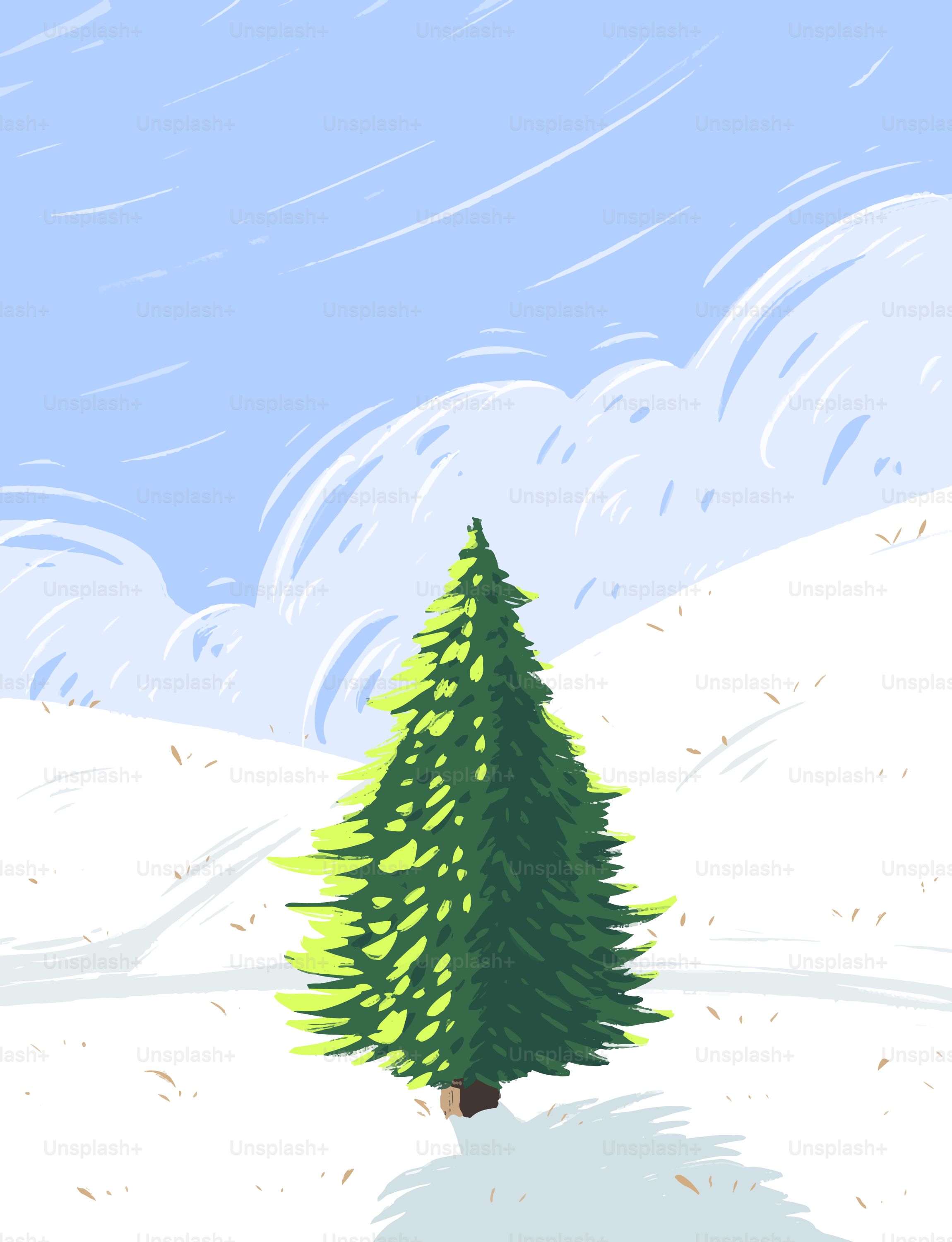 Un arbre à feuilles persistantes solitaire se dresse dans un paysage enneigé.