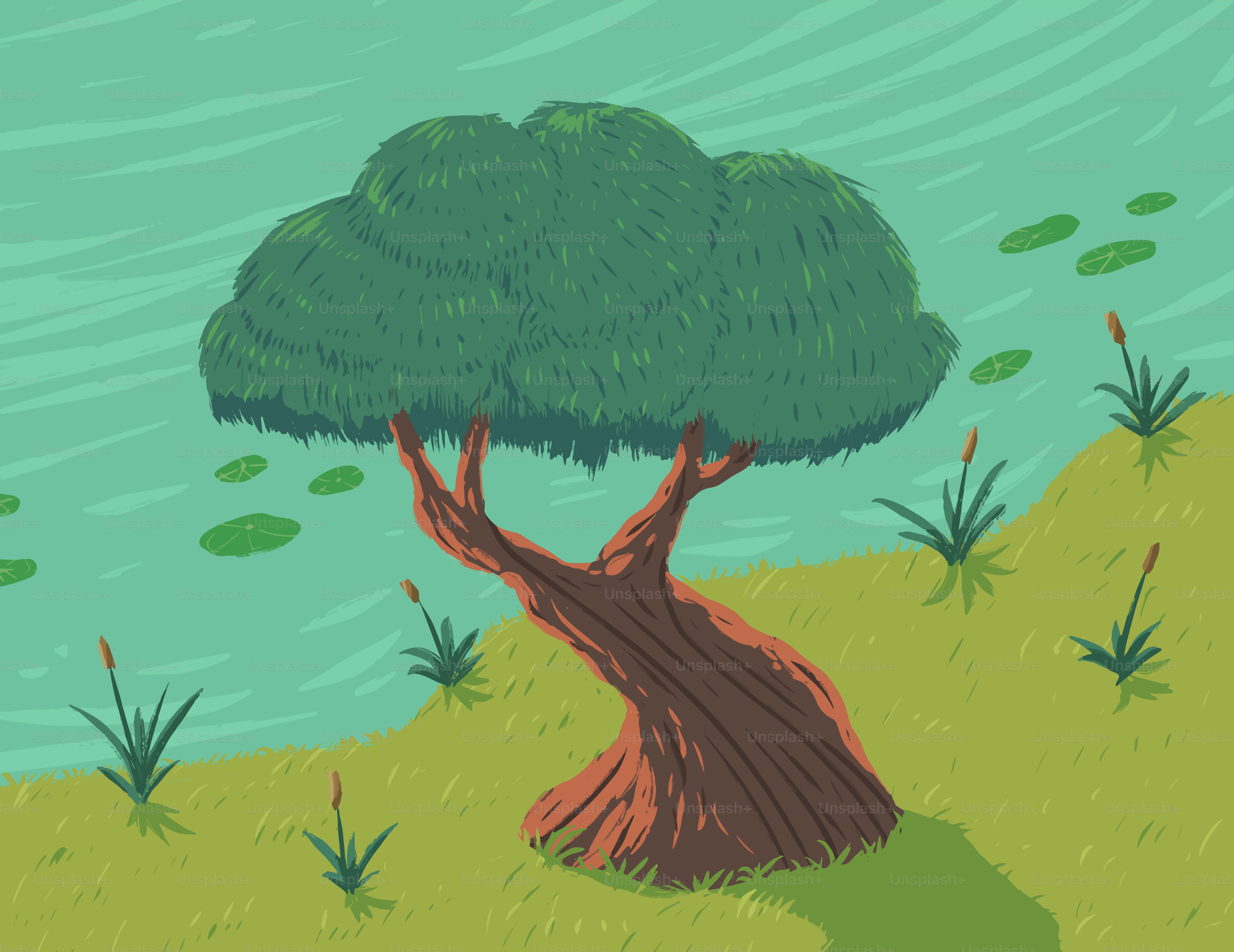 Un arbre solitaire se dresse près d’un plan d’eau calme.