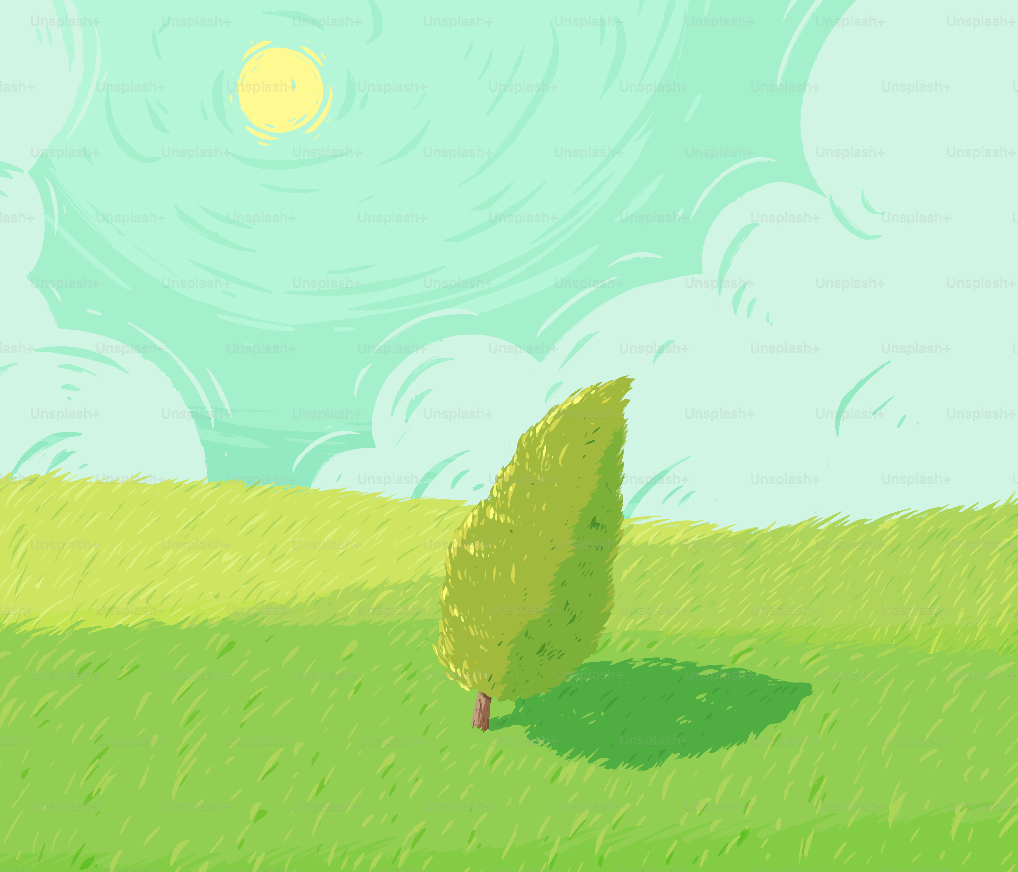 A lone tree stands in a green grassy field.