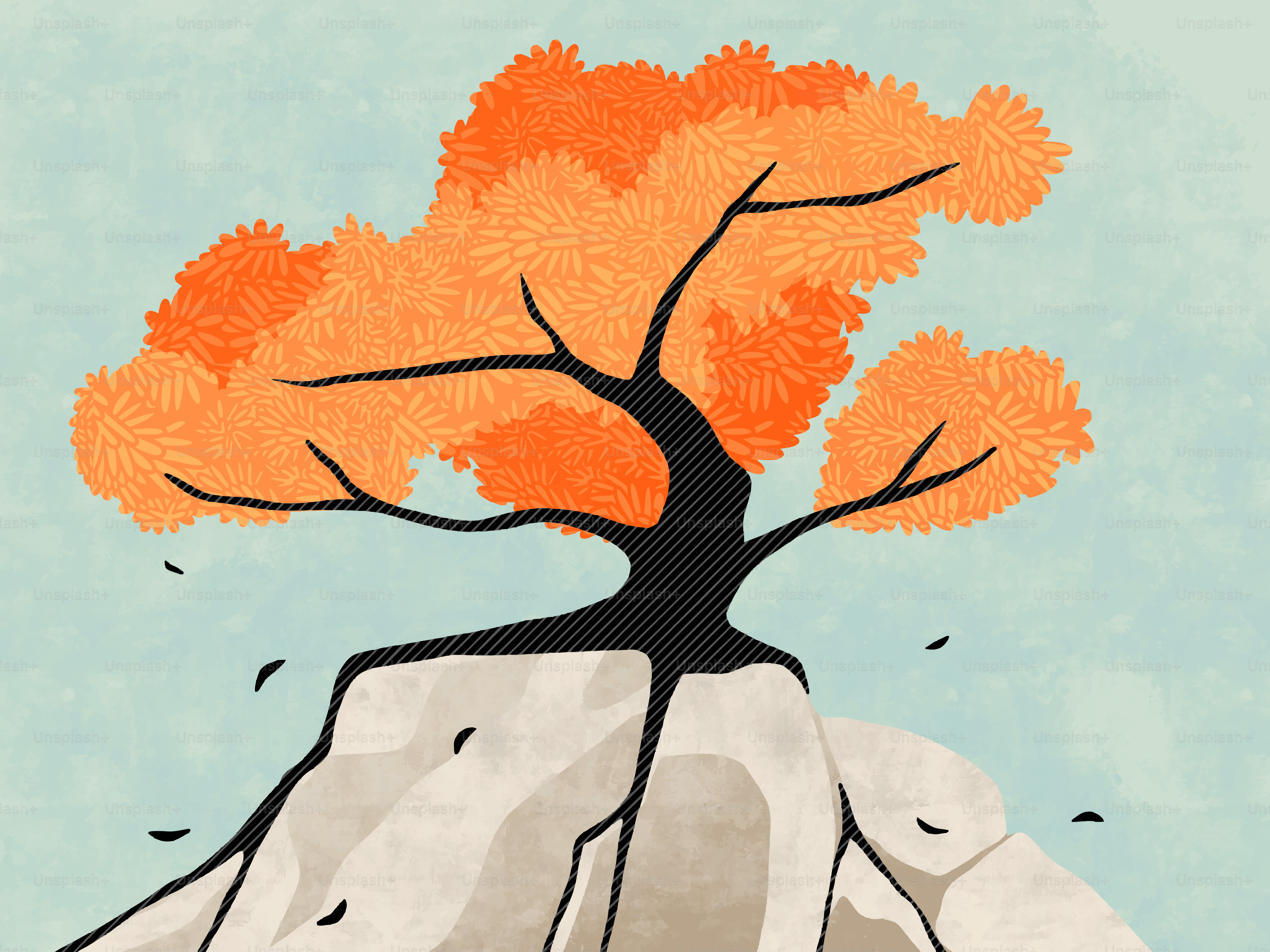 Autumn tree with orange leaves on a rocky outcrop