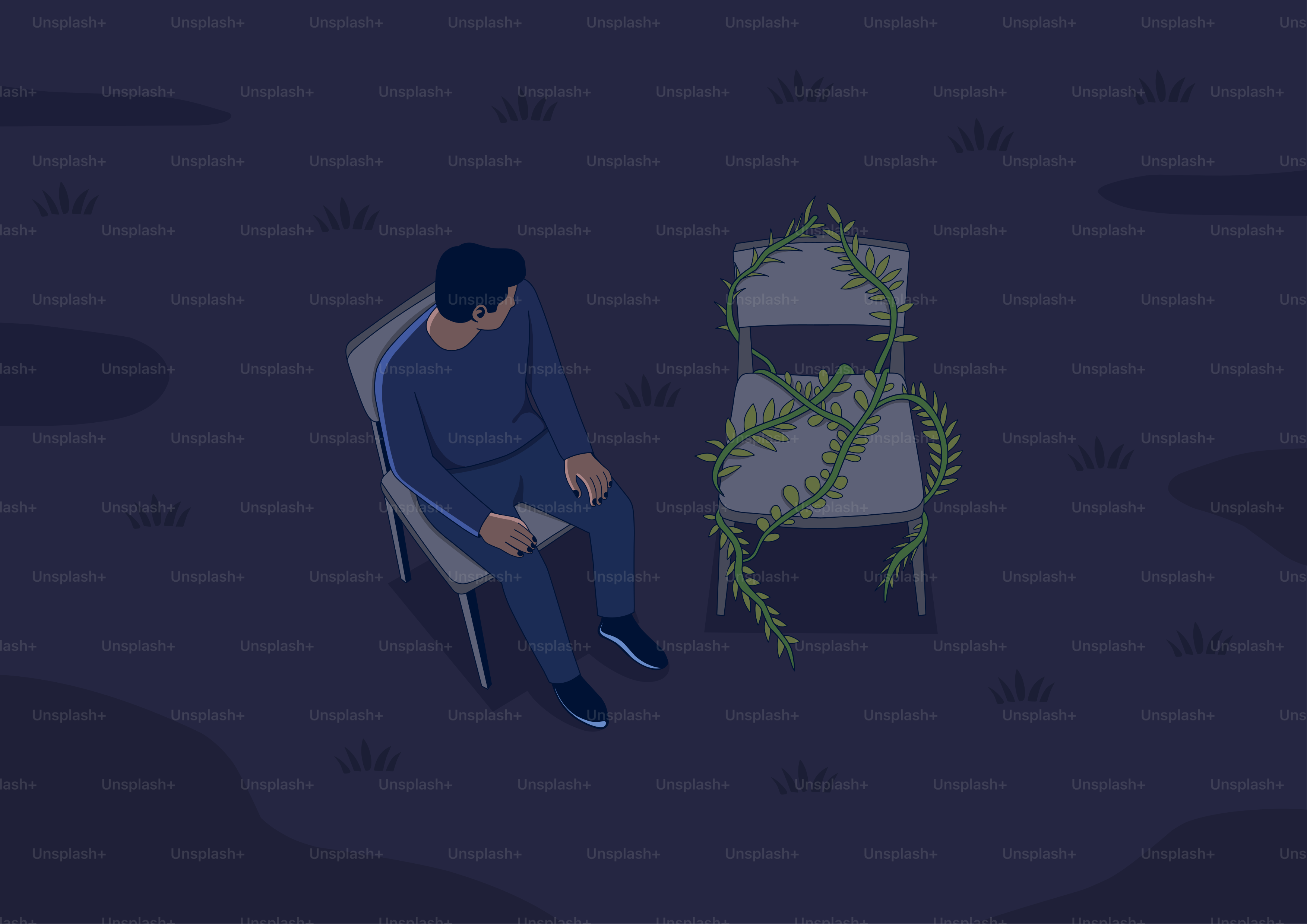 男は暗闇の中で草に覆われた椅子の近くに座っている。