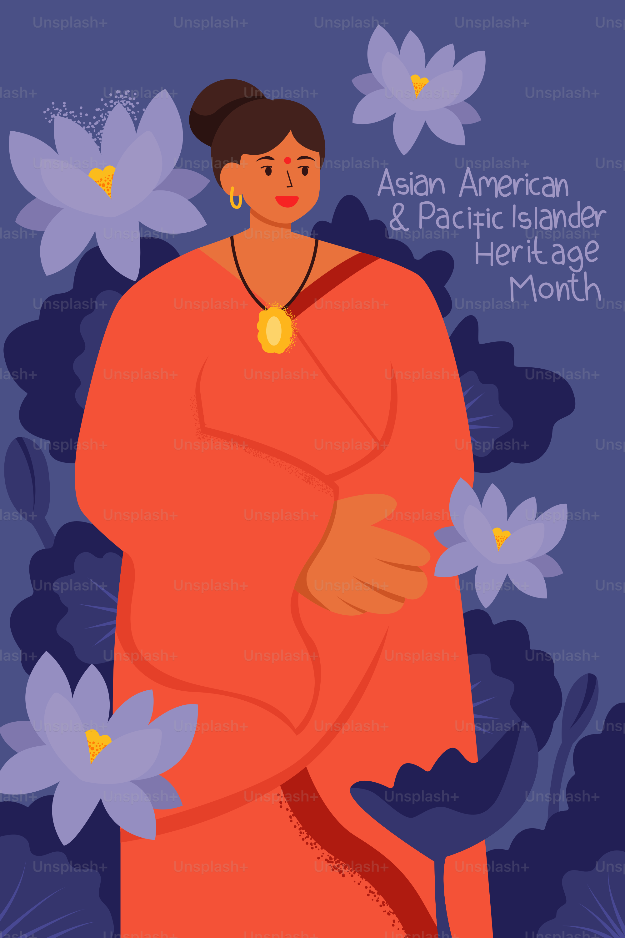 Woman in orange sari surrounded by lotus flowers.