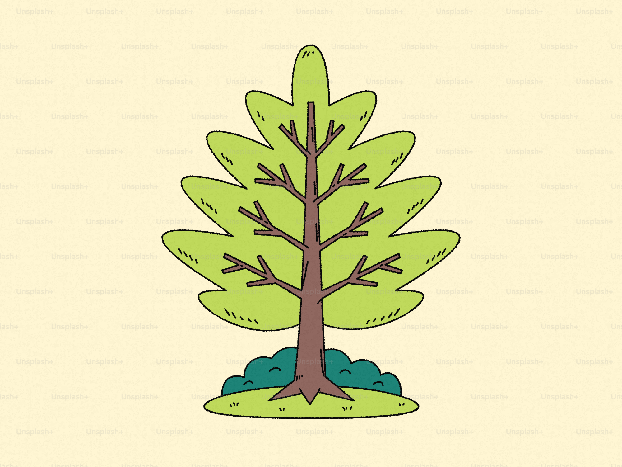 A cartoon drawing of a green tree with brown branches.