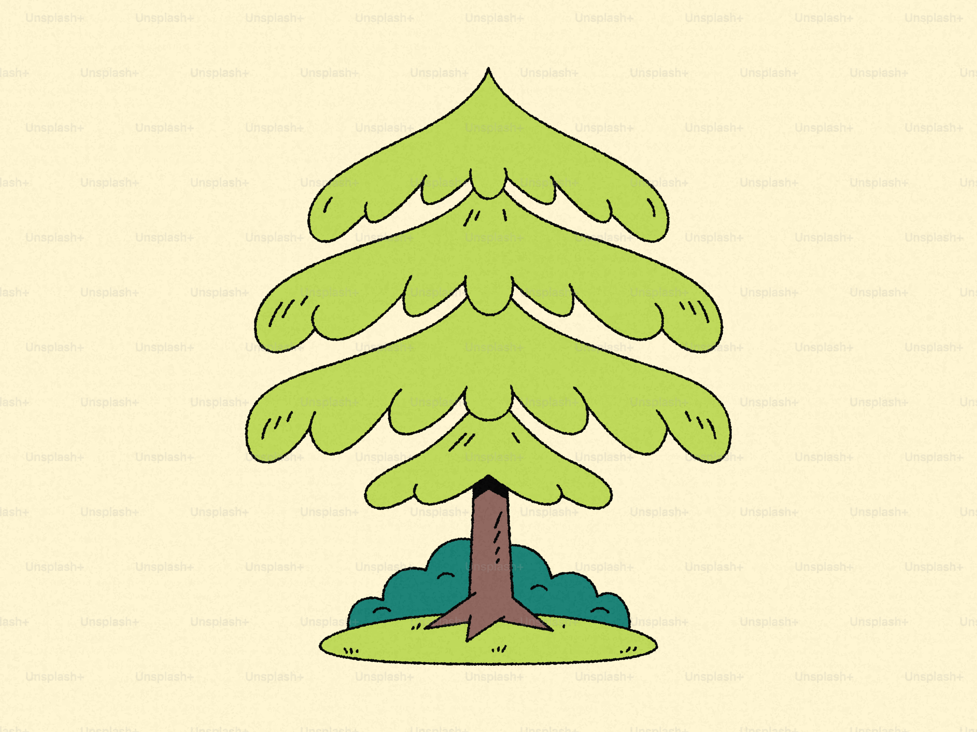 A stylized green pine tree with a brown trunk.