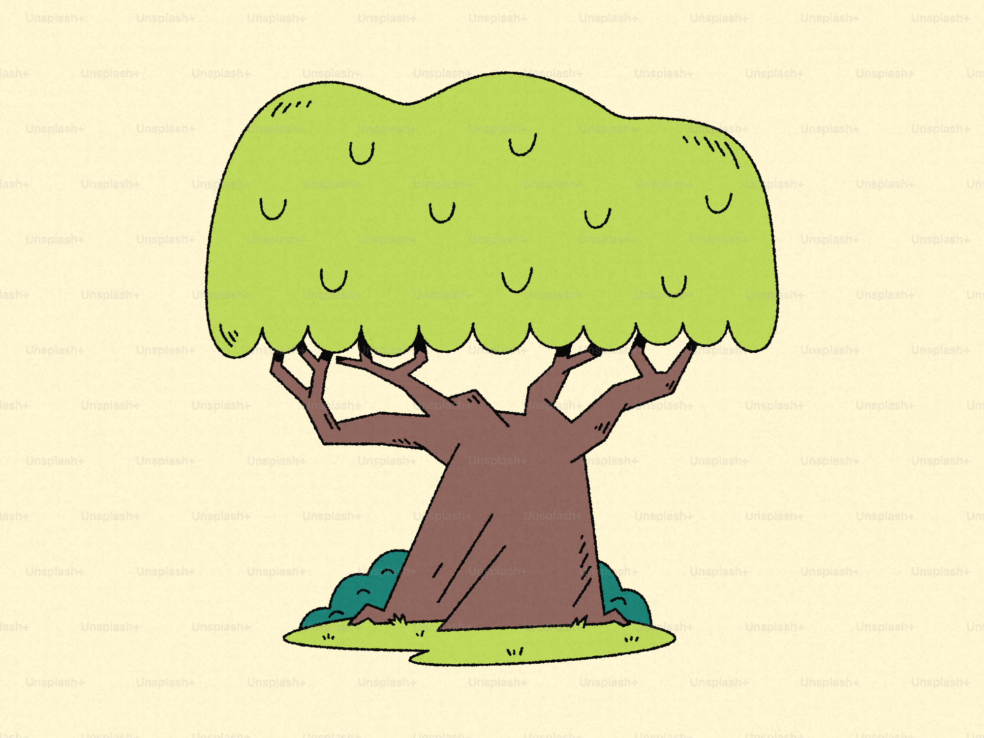 Ein Cartoonbaum mit braunem Stamm und grünen Blättern.