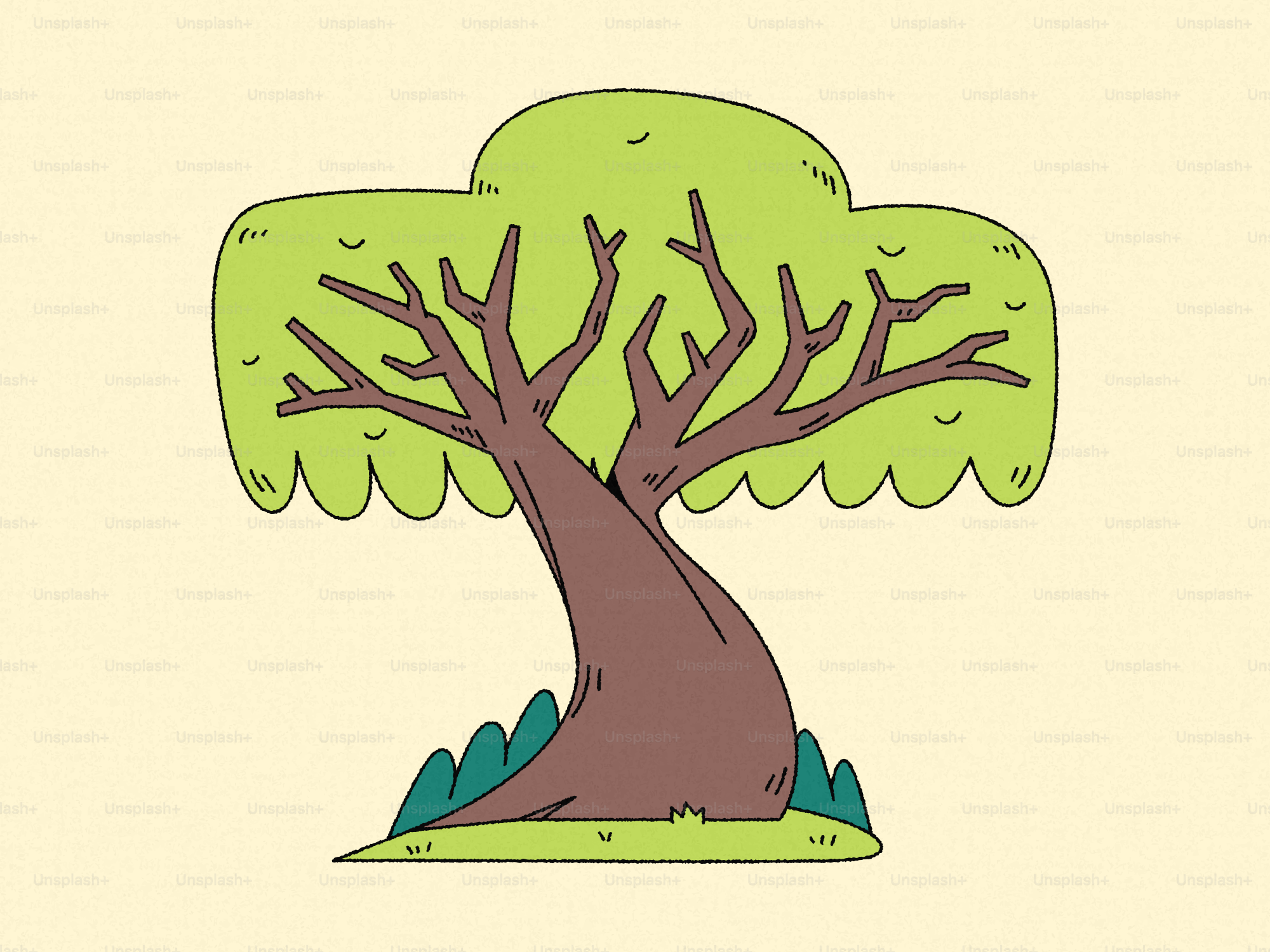 Un arbre de dessin animé stylisé avec des feuilles vertes et des branches brunes.