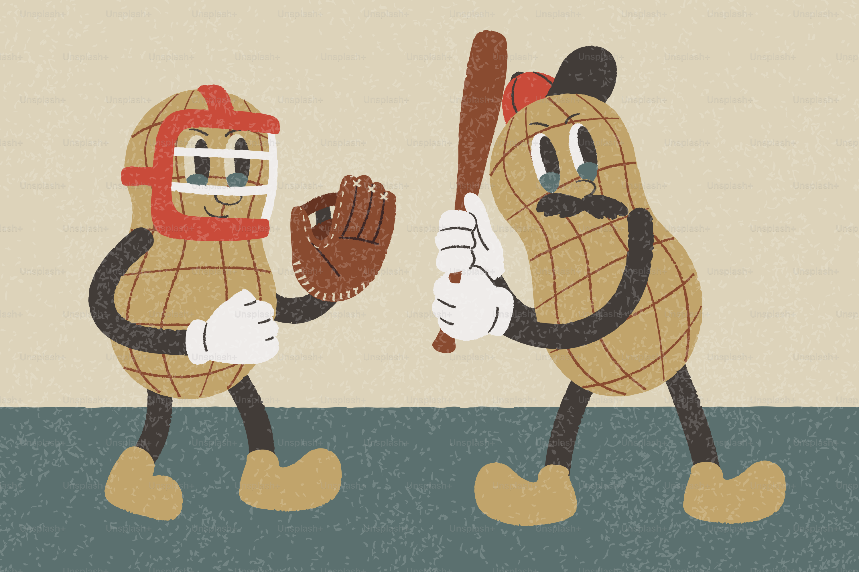 Dois amendoins de desenho animado jogando beisebol