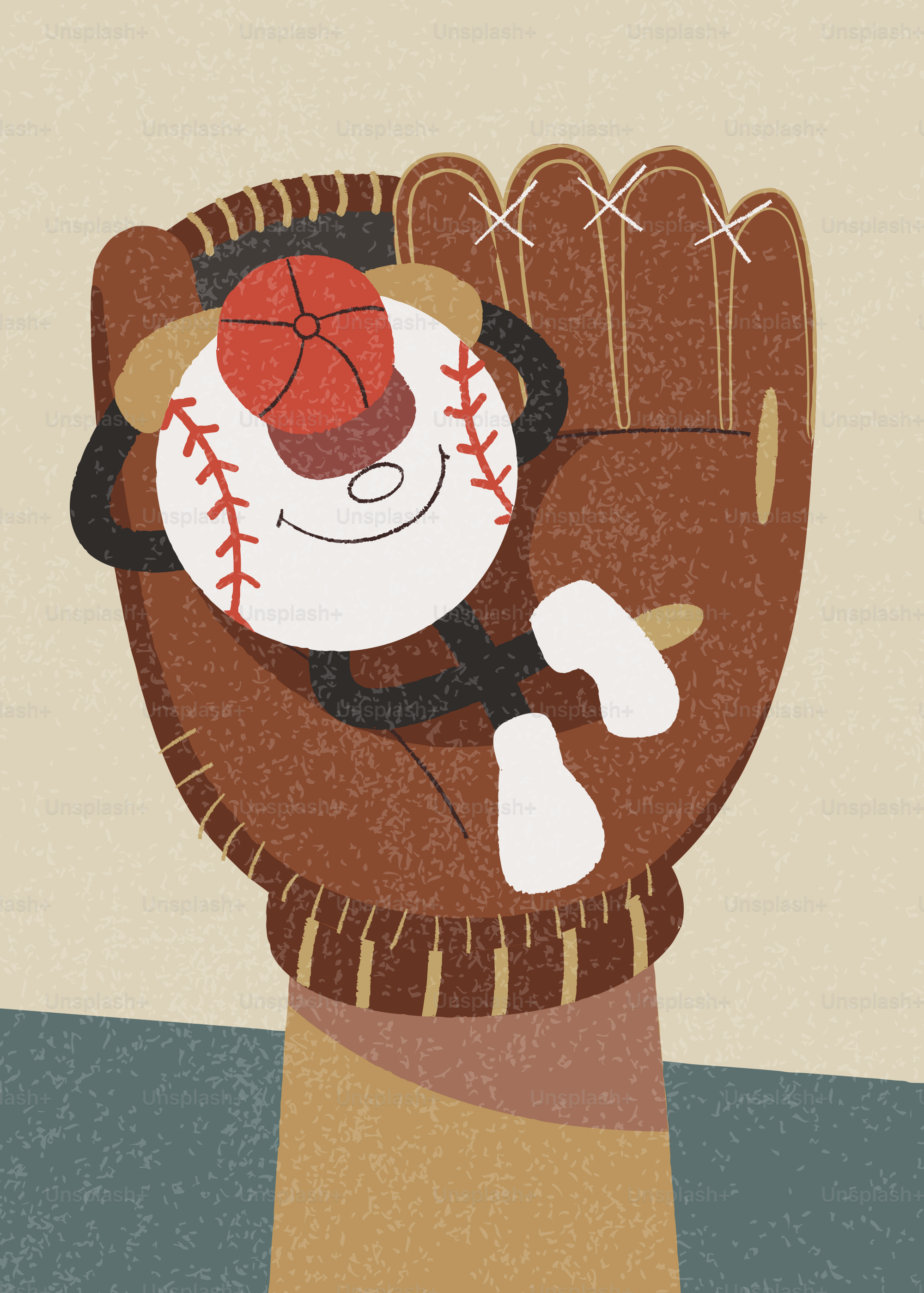 Personagem de beisebol de desenho animado descansando em uma luva