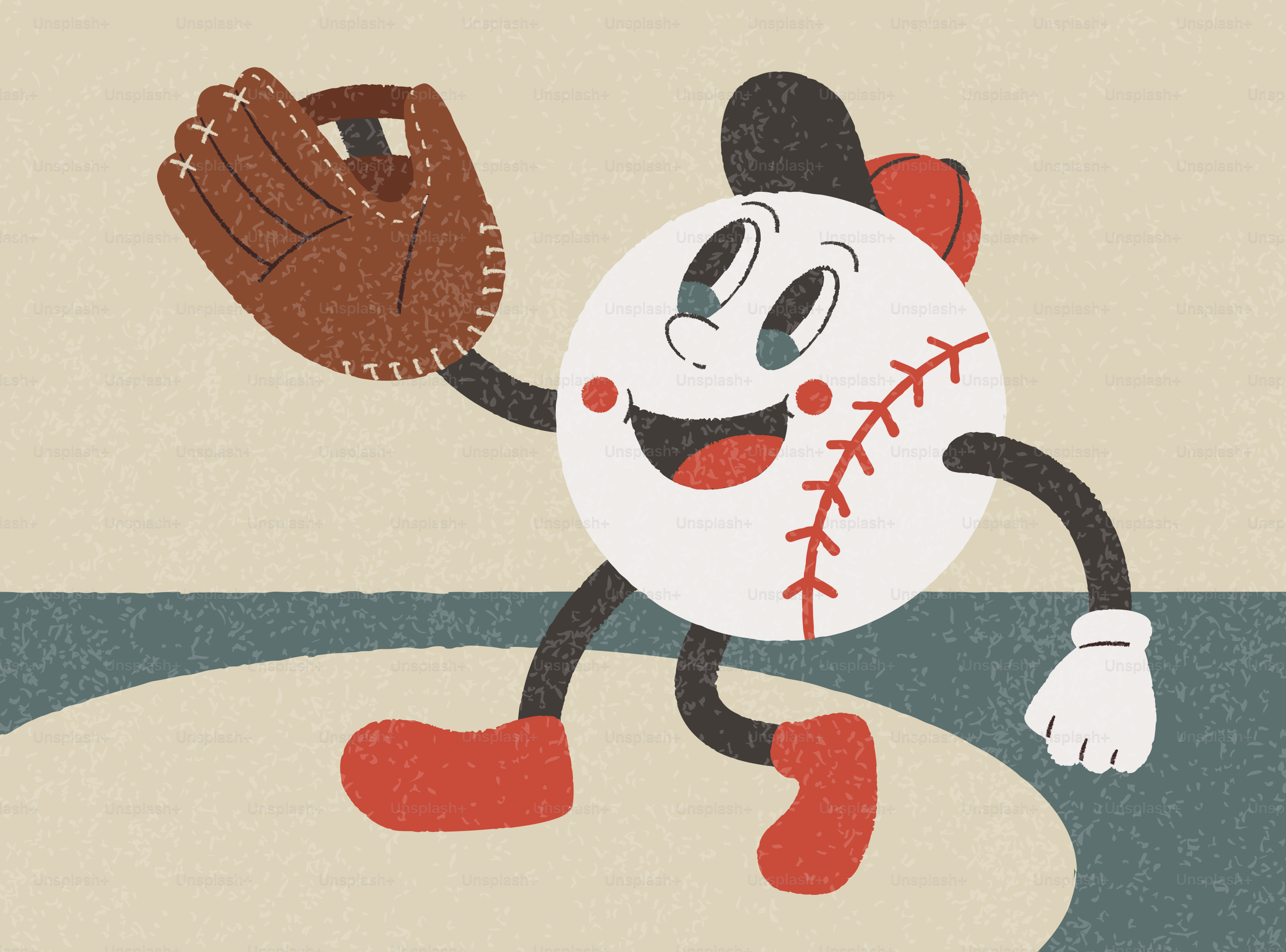 Personagem de beisebol de desenho animado com luva correndo no campo