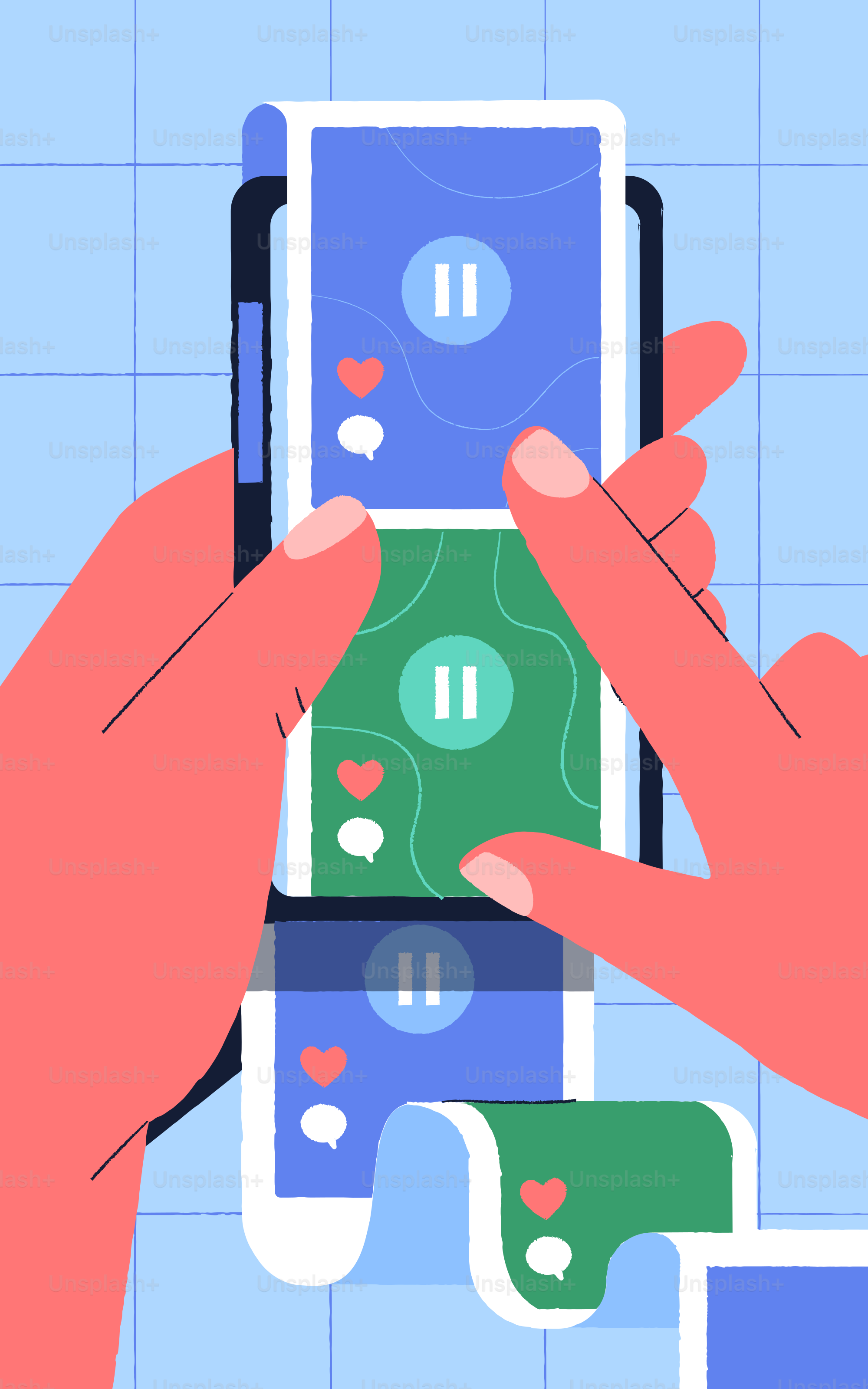 Mãos rolando pelas redes sociais em um smartphone